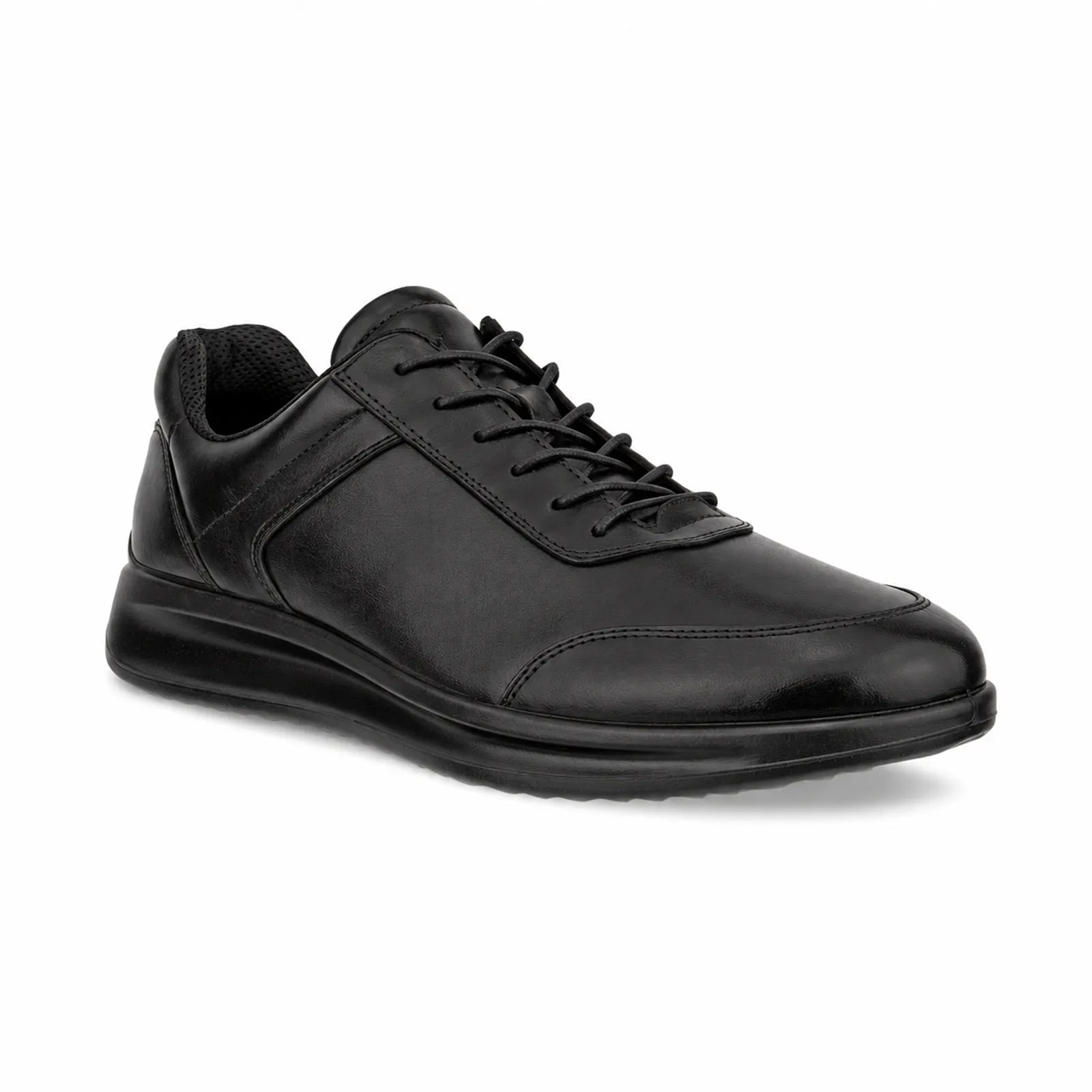 Men's black leather lace-up sneakers with low-profile rubber sole