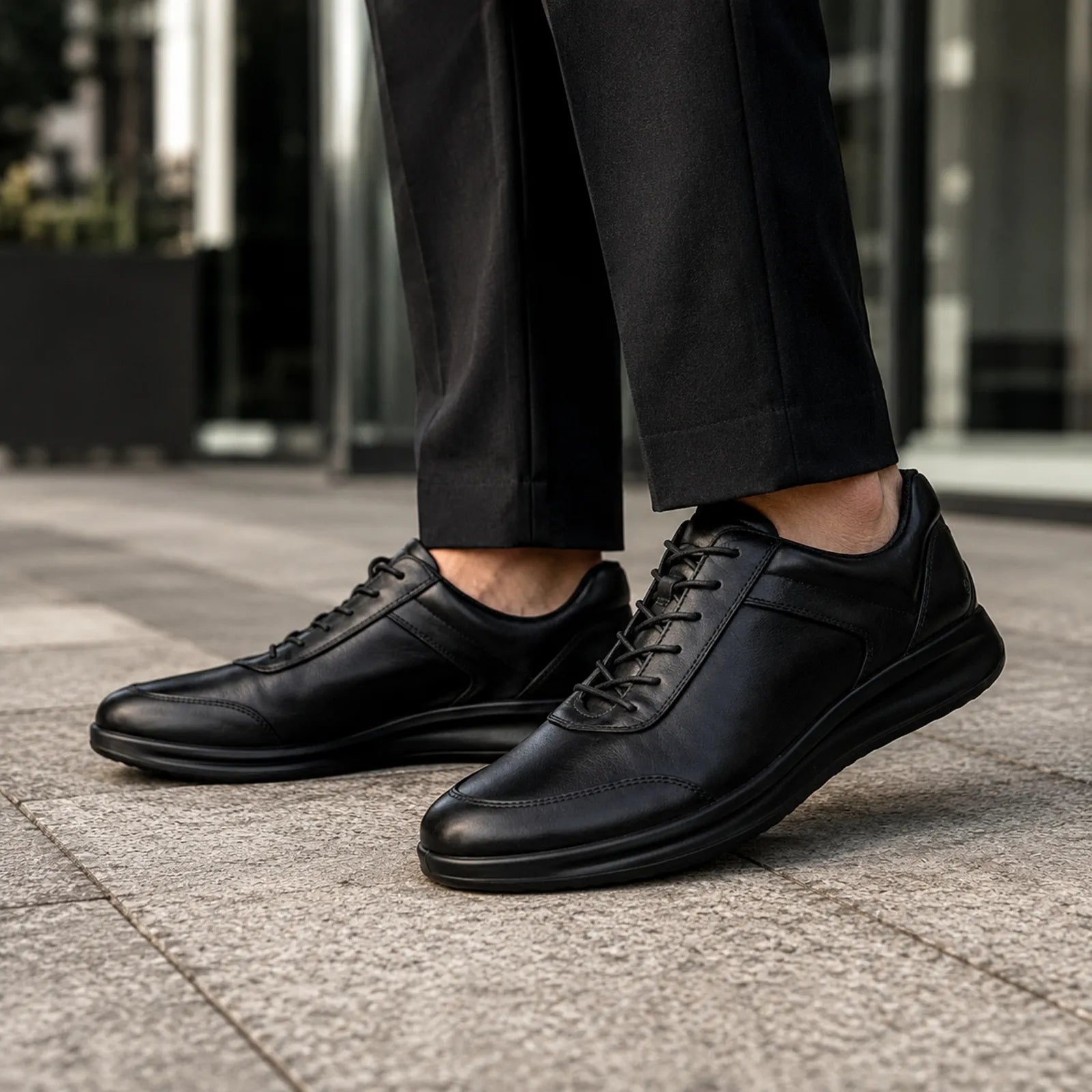 Men's black leather lace-up sneakers worn with dark trousers