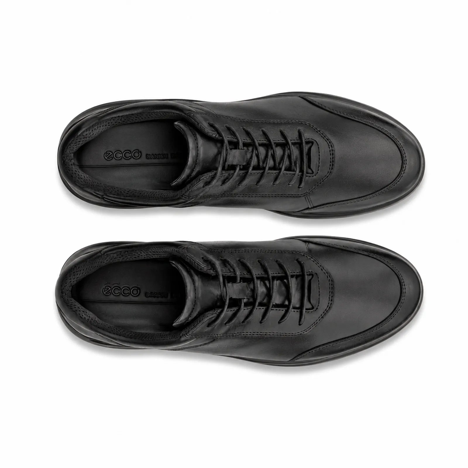 Black leather lace-up sneakers, top views with visible tongue and laces