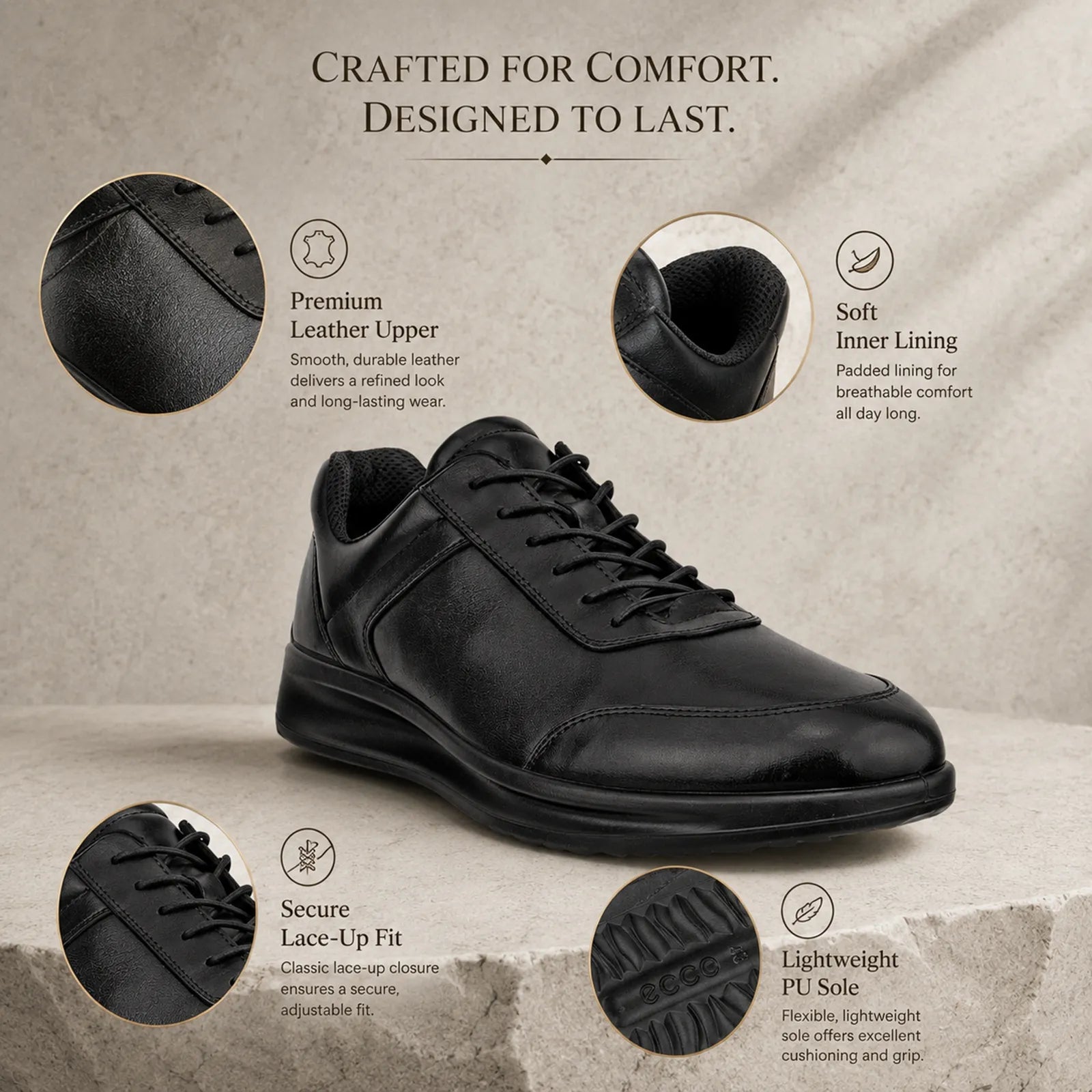 Black leather lace-up sneakers with premium upper and soft inner lining