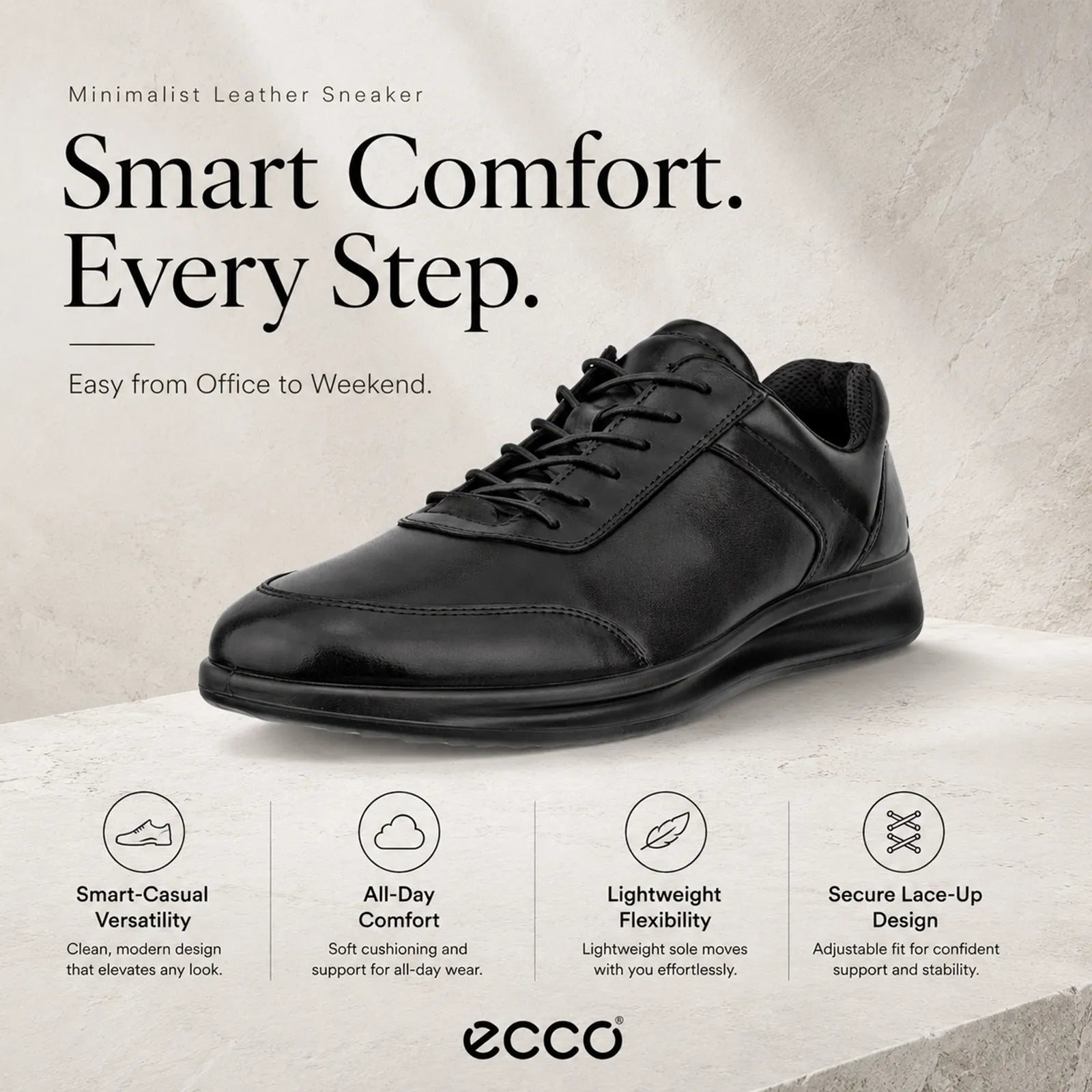 Black leather lace-up sneakers with lace-up closure and cushioned collar