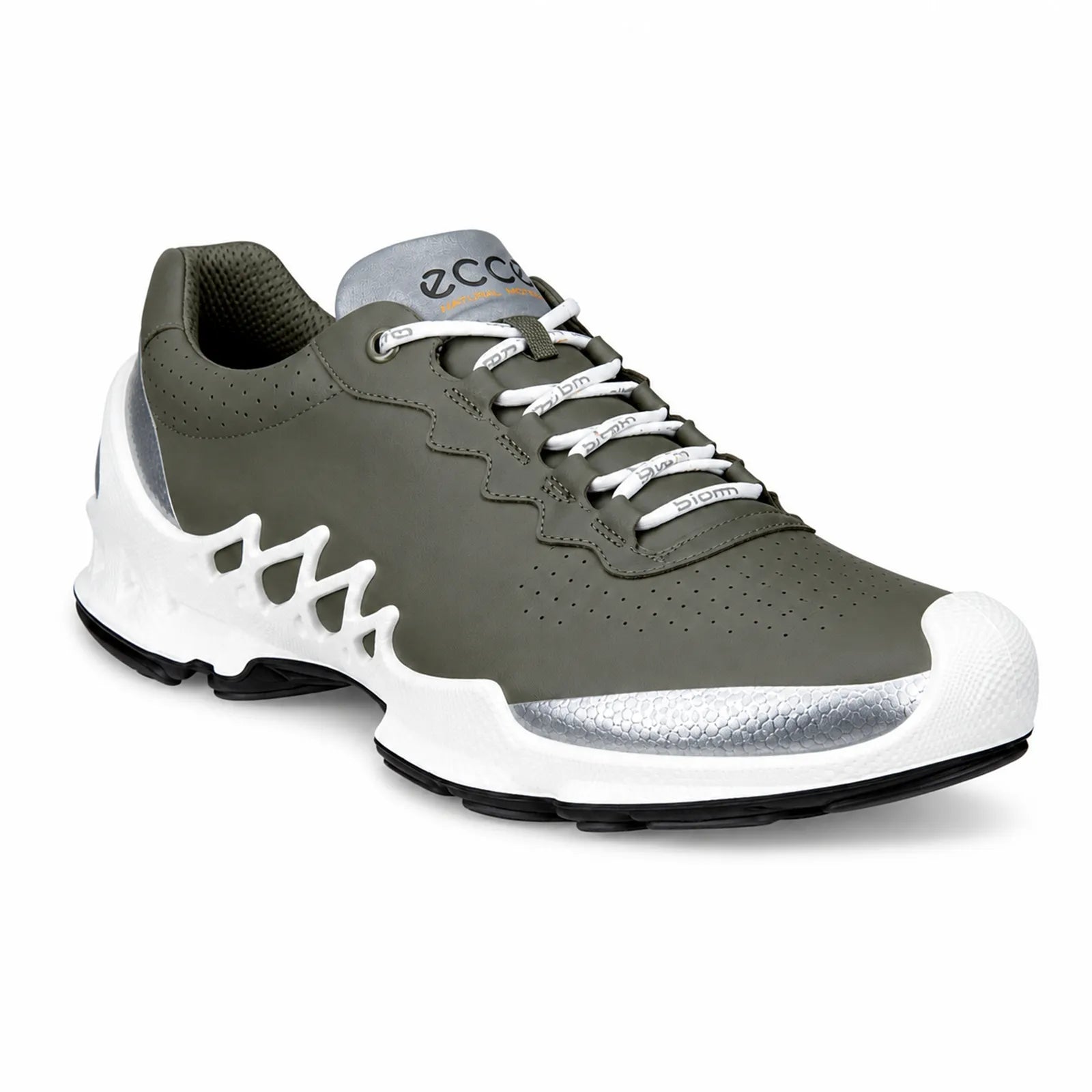 Men's leather lace-up sneakers, olive with white sole and perforated panels