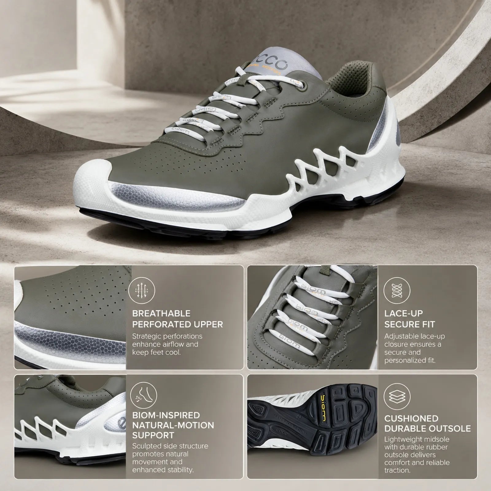 Men's olive-green lace-up sneakers with white sole and grippy tread