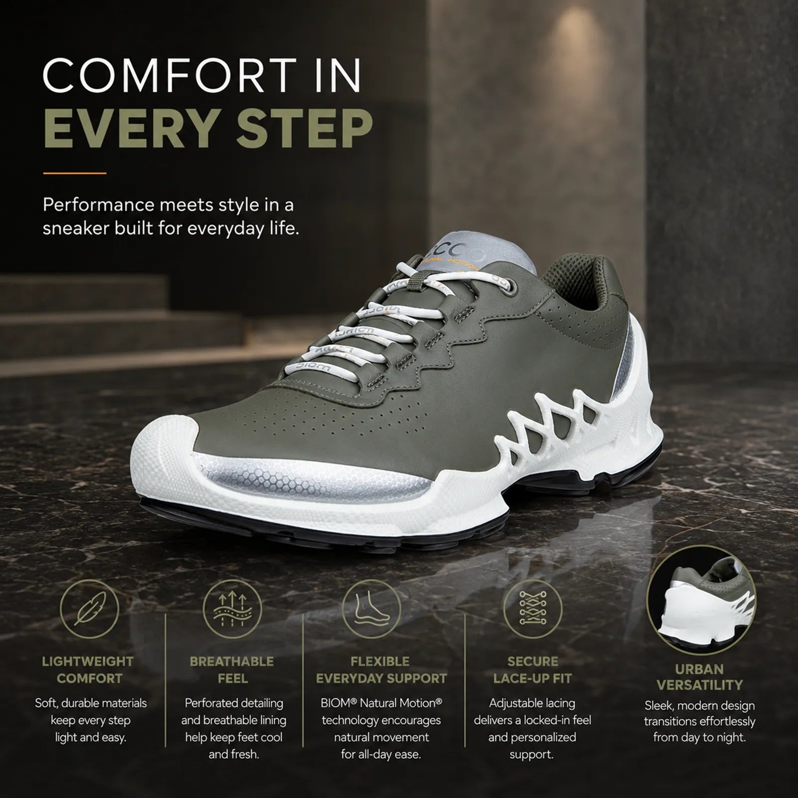 Men's olive-green lace-up sneakers with white midsole and cutout side