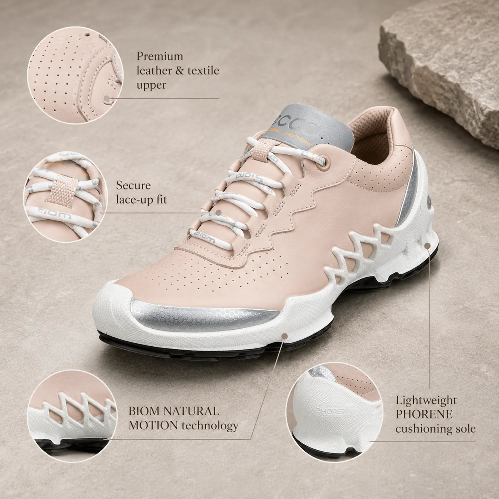 ECCO women's blush pink leather lace-up sneaker with secure lacing and cushioned sole