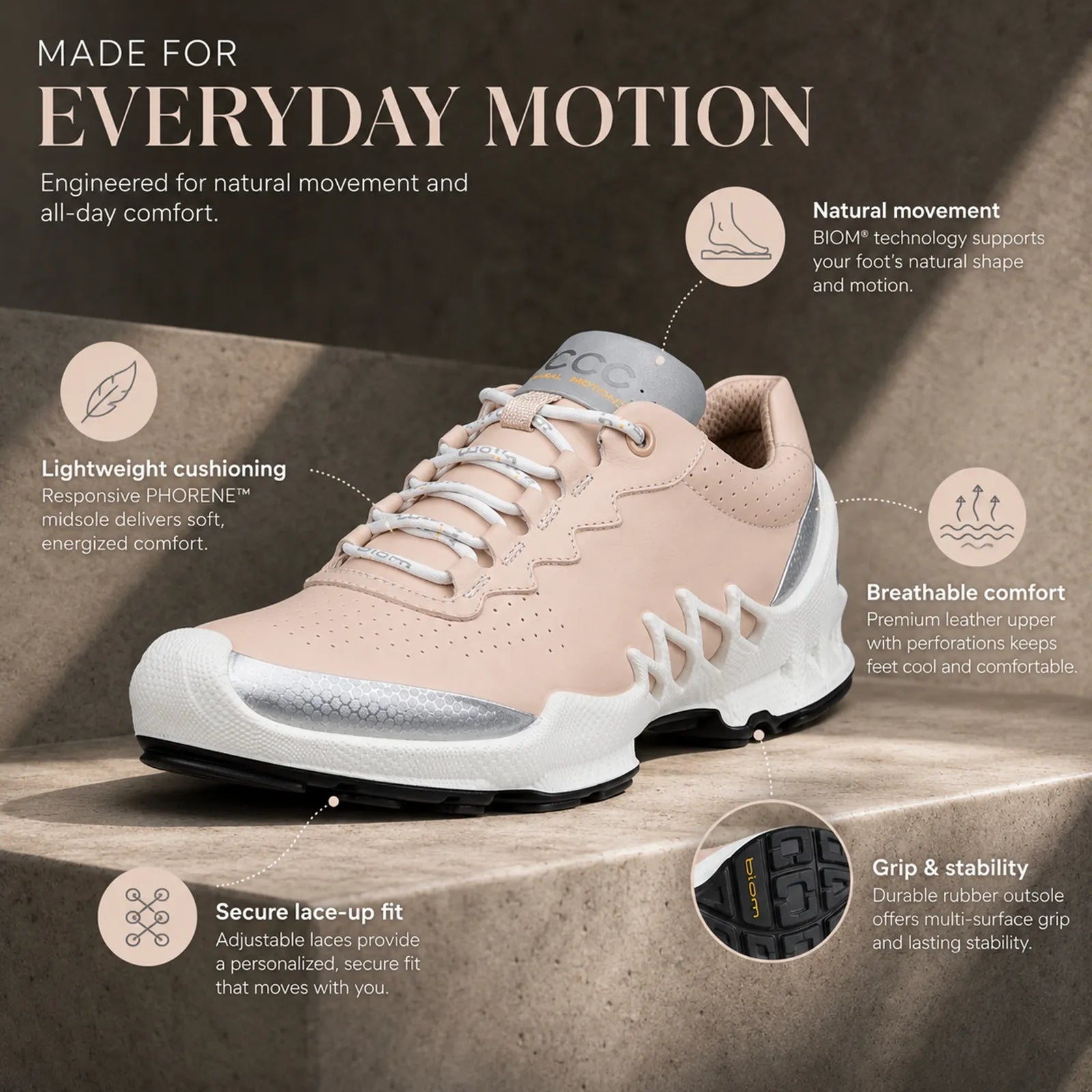 ECCO women's blush pink leather lace-up walking sneaker with cushioned outsole
