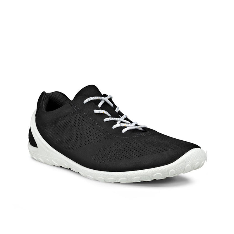 Men's leather sneakers, black perforated upper with lace-up front and white outsole