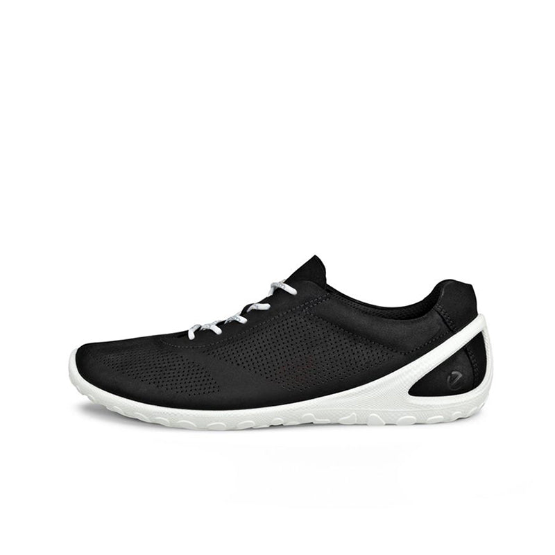 Men's leather sneakers, black lace-up style with white midsole and textured outsole