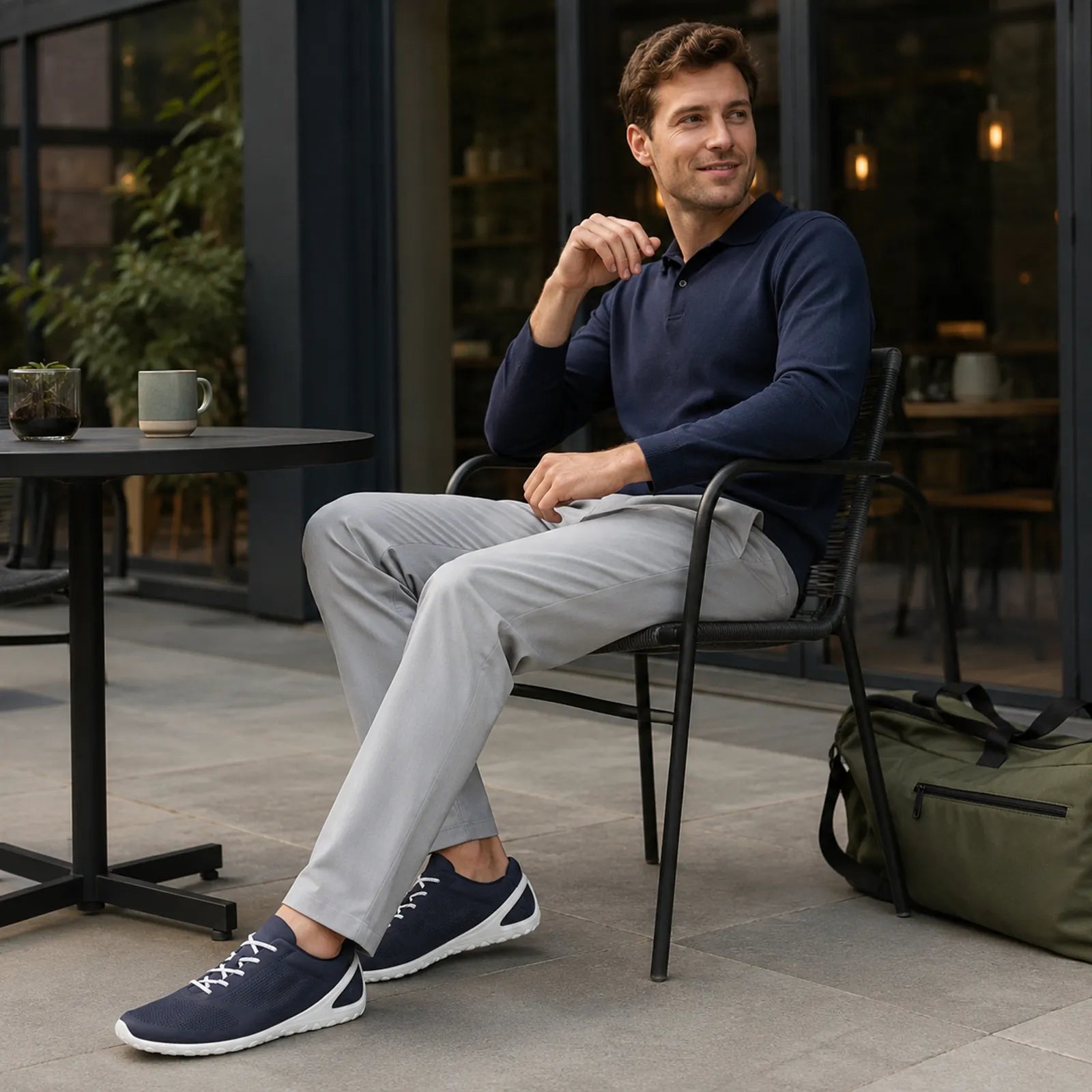 Men's navy lace-up sneakers with white rubber sole and textured side panels