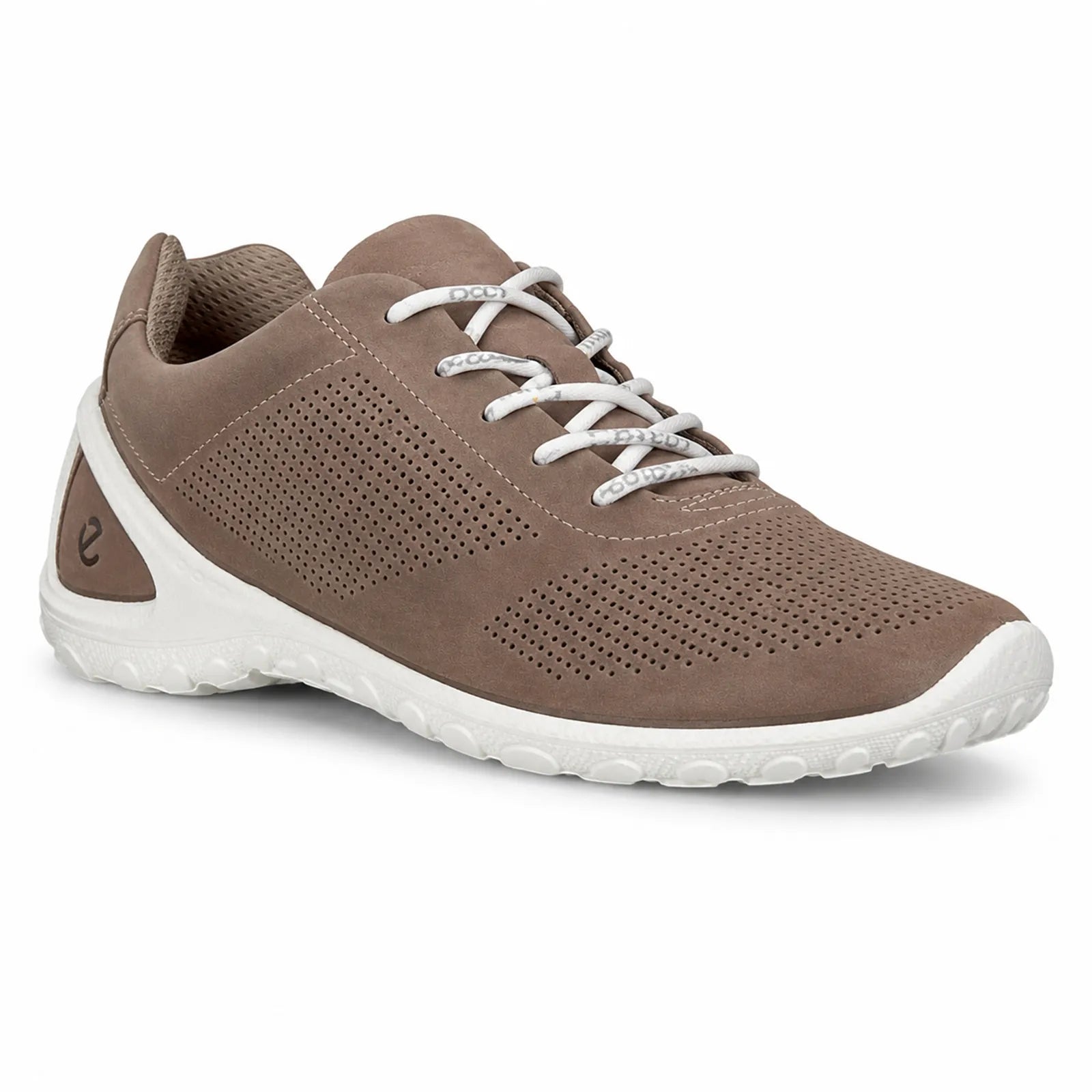 Men's tan leather sneakers with perforated upper, lace-up, and white sole