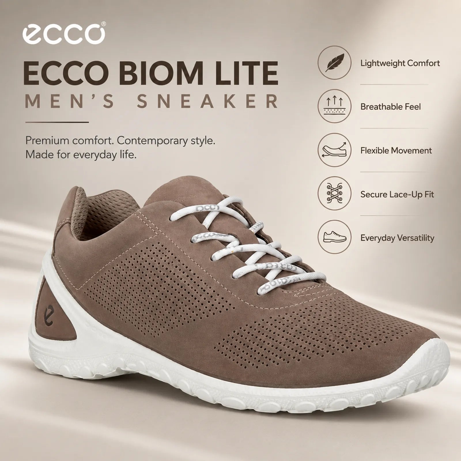 Men's leather sneakers, brown perforated upper with lace-up front and white sole