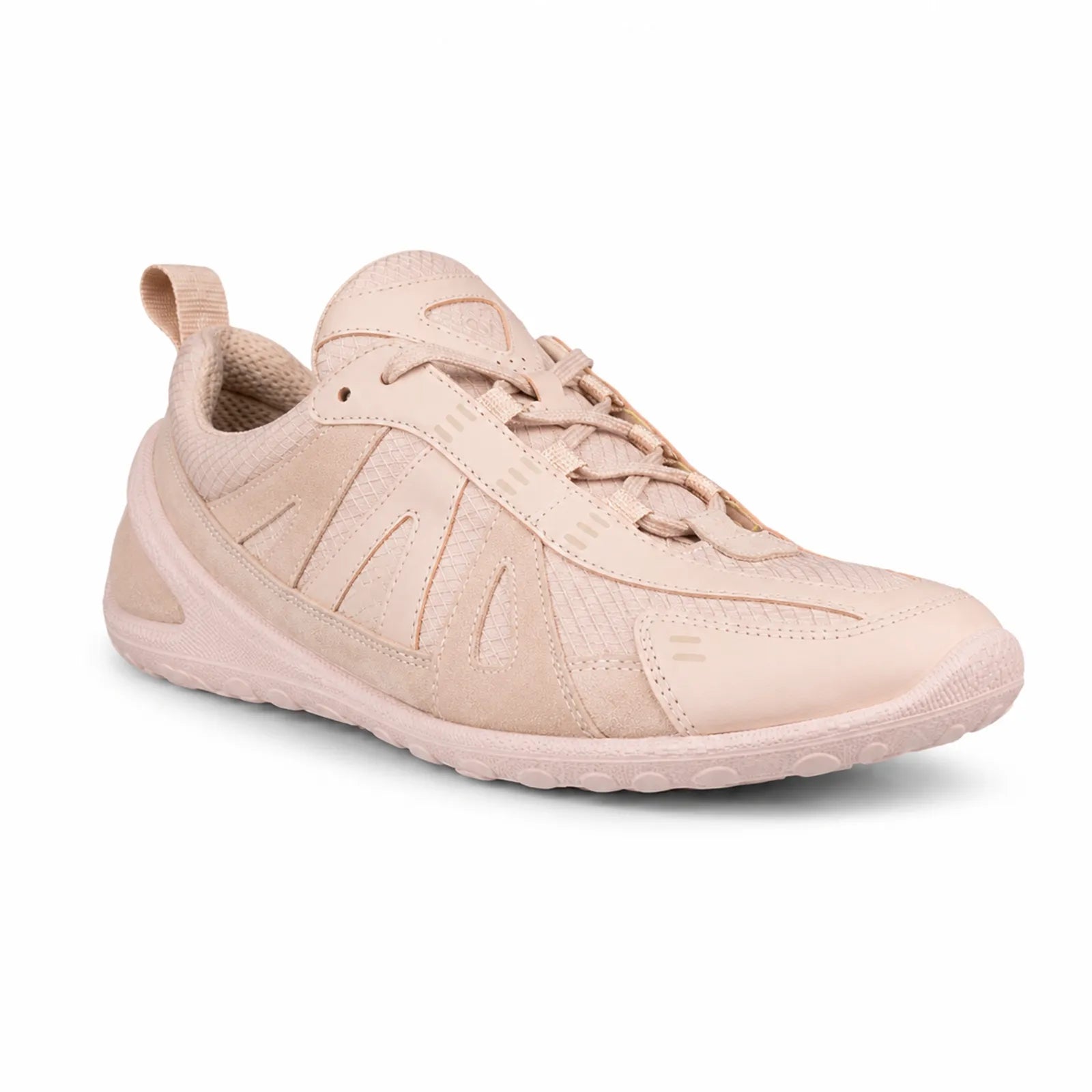 Pale pink women's lace-up sneaker with textured upper and cushioned low-profile sole