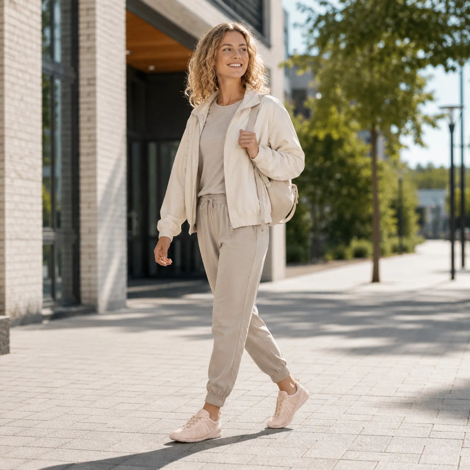 Women's pale pink lace-up sneaker on foot with light outfit walking stance