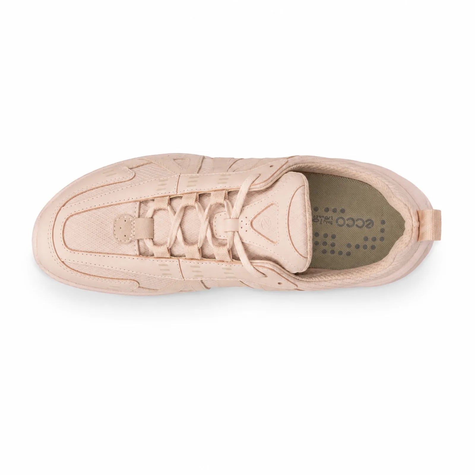 Women's pale pink lace-up sneaker with padded collar and low-profile sole