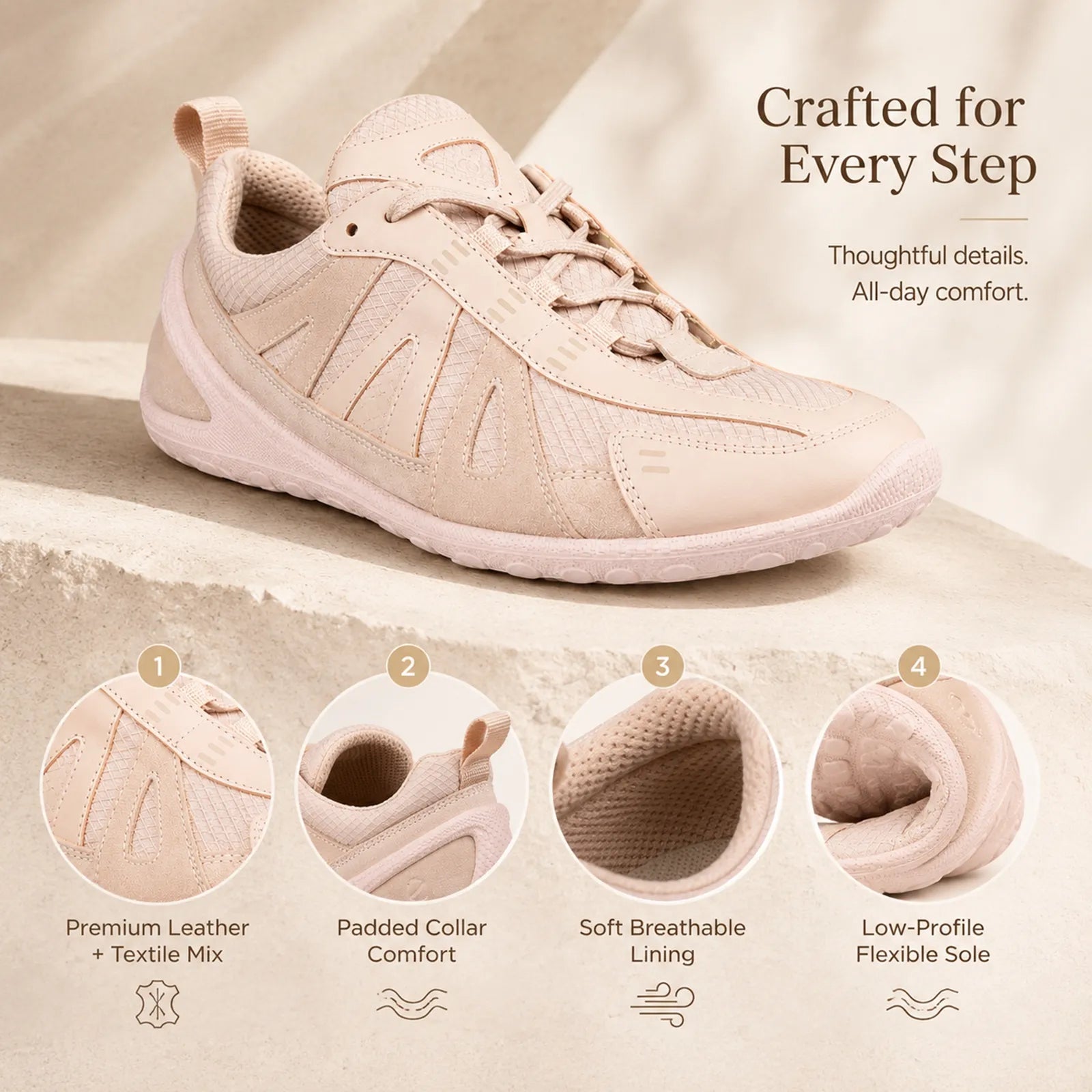Pale pink women's lace-up sneaker with padded collar, soft lining, and flexible sole