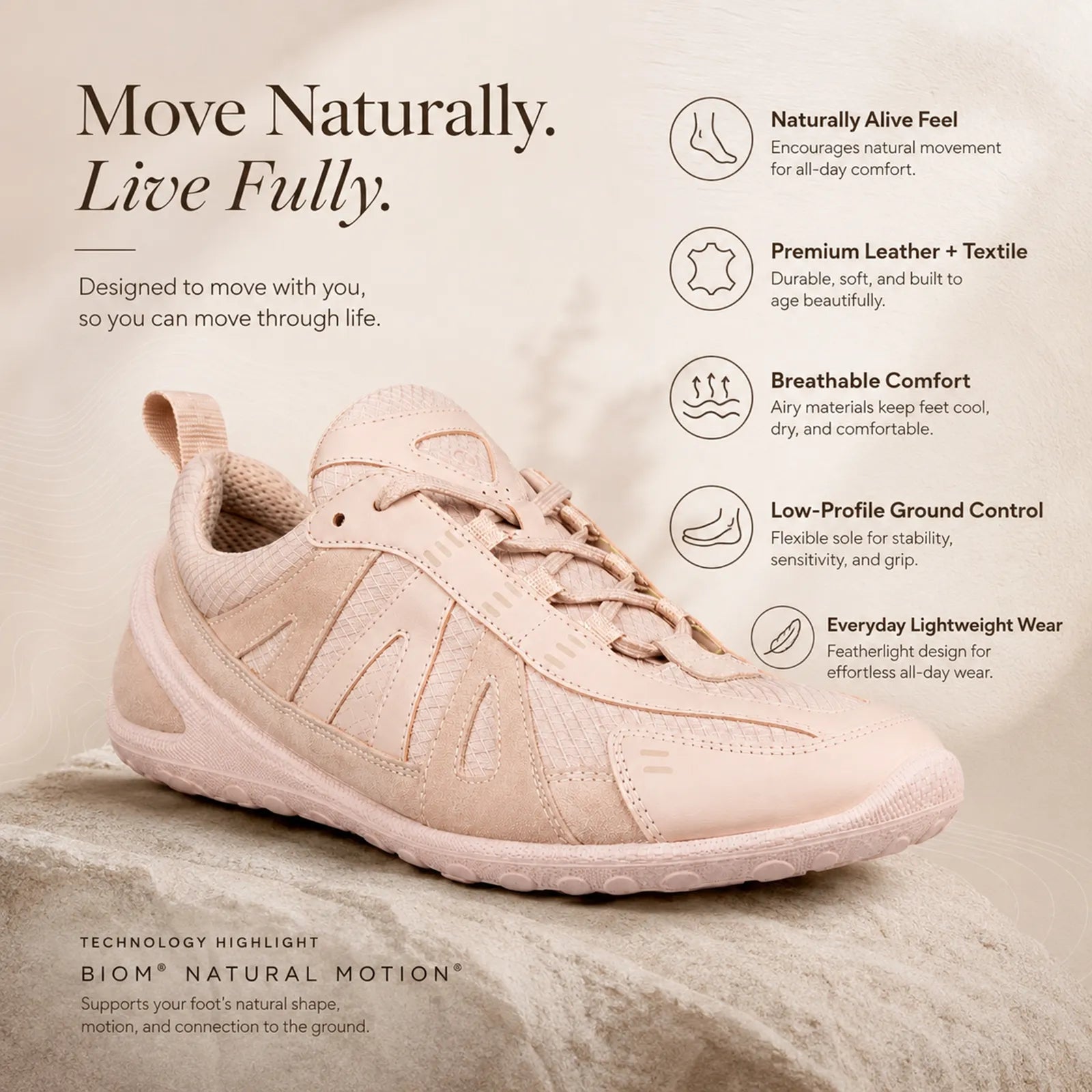 Pale pink women's lace-up sneaker with breathable upper and lightweight low-profile sole