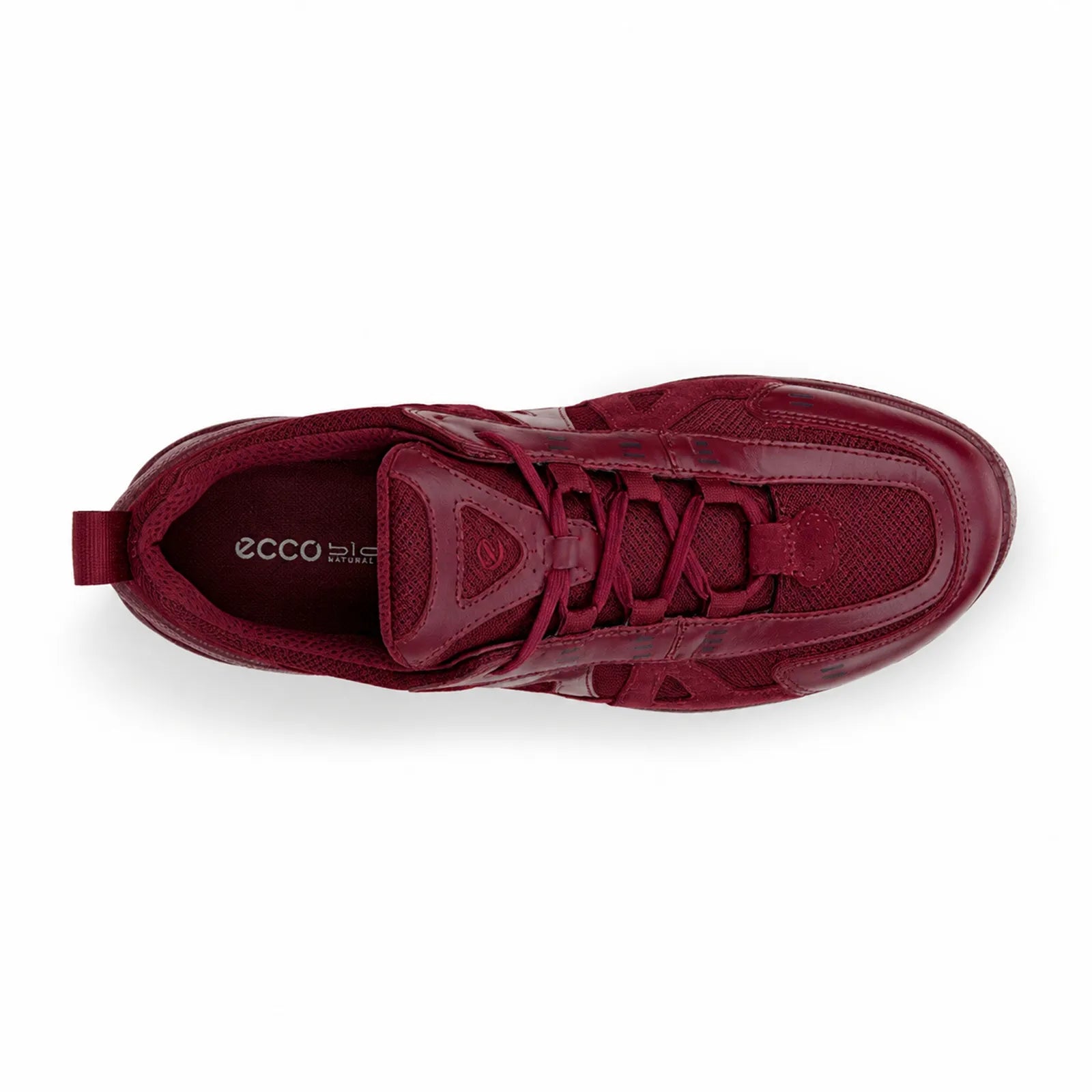 Dark red women's lace-up sneaker with padded collar and flexible low-profile sole