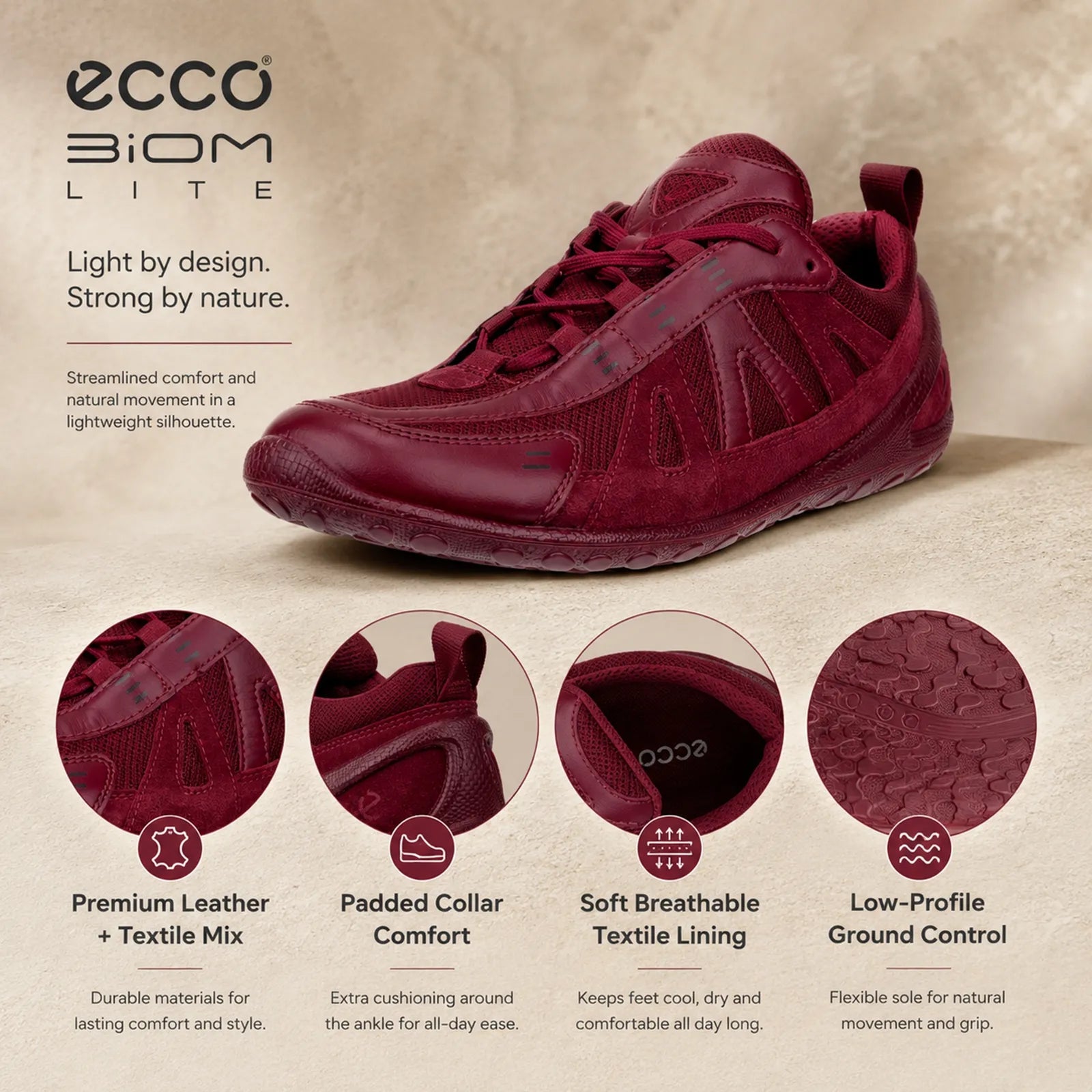 Burgundy women's lace-up sneaker with premium leather-texture upper and low-profile sole