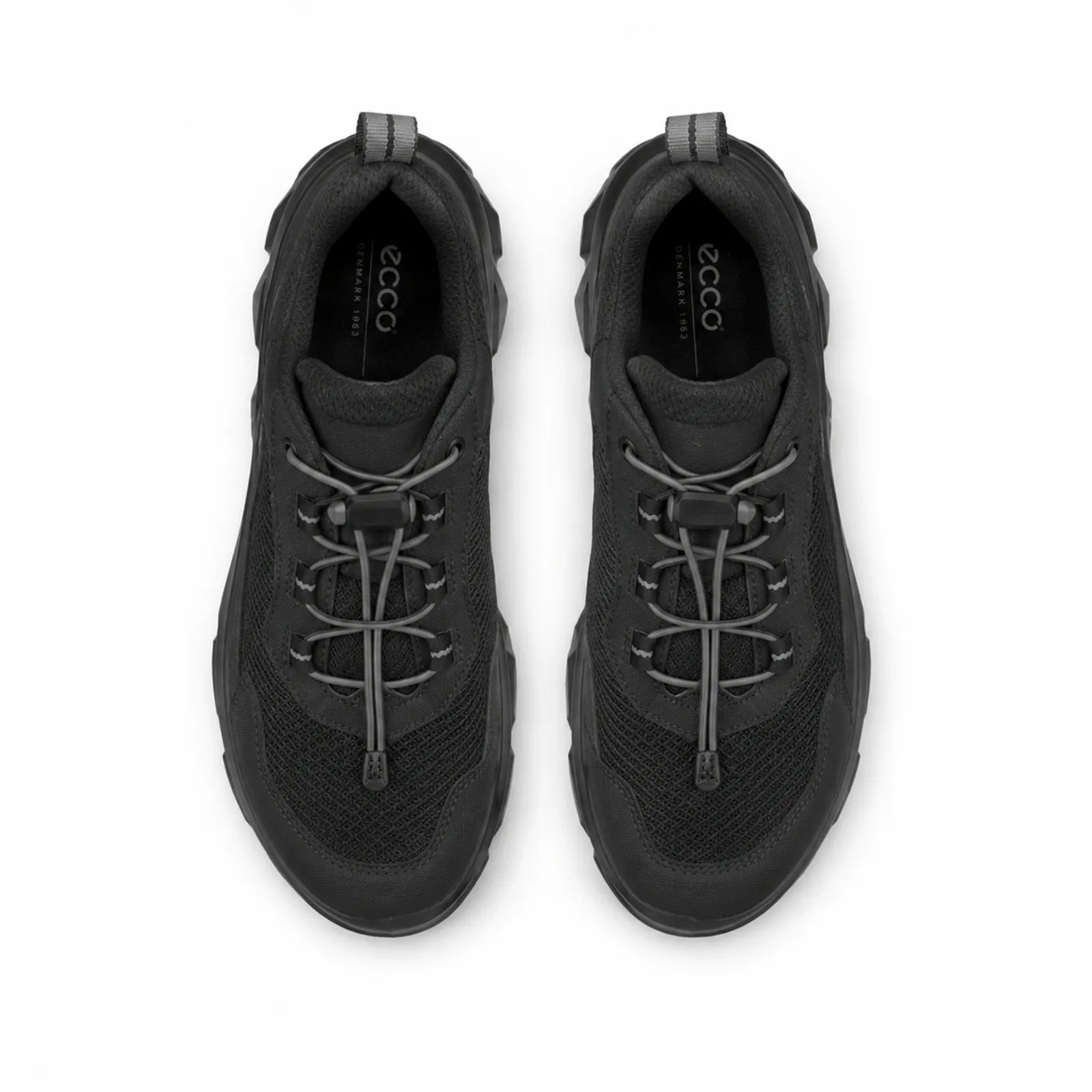 Pair of black lace-up sneakers with padded tongue and eyelet lacing