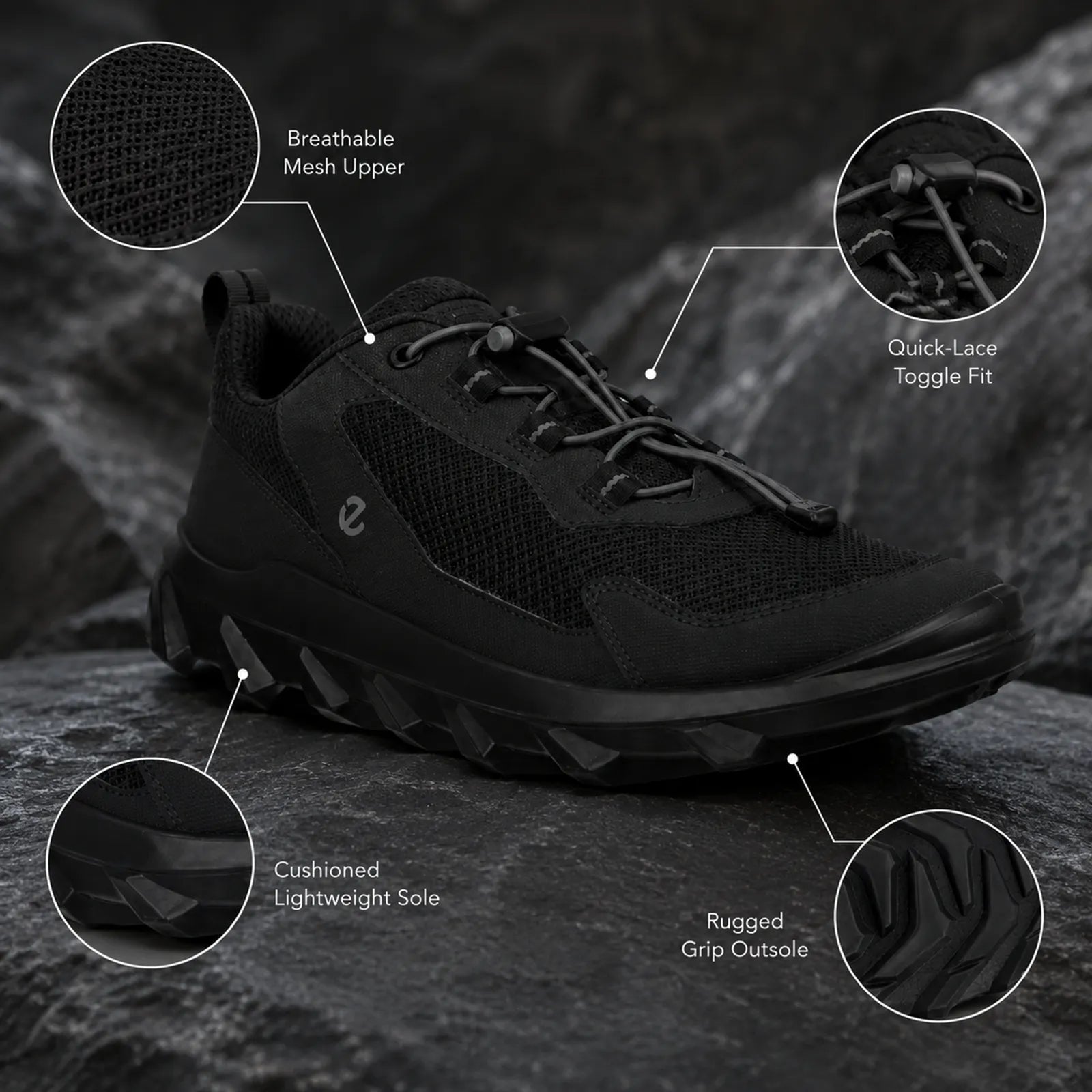 Black lace-up sneaker with feature callouts and rugged outsole grip tread