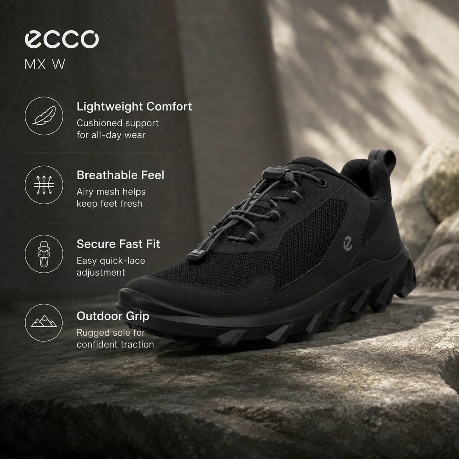 Black mesh lace-up outdoor sneakers with rubber sole