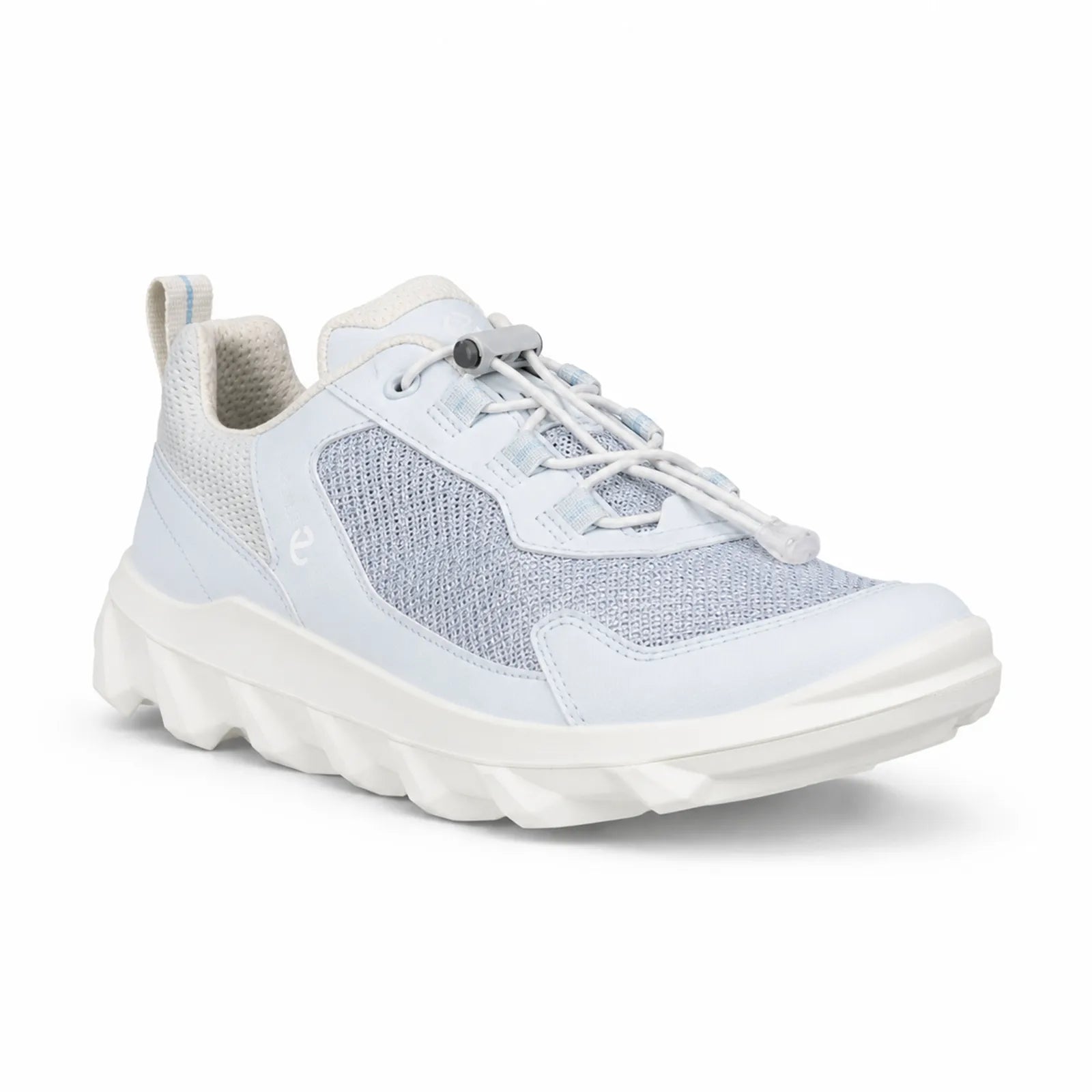 Light blue mesh women's sneaker with white panels, lace-up front, and thick sole