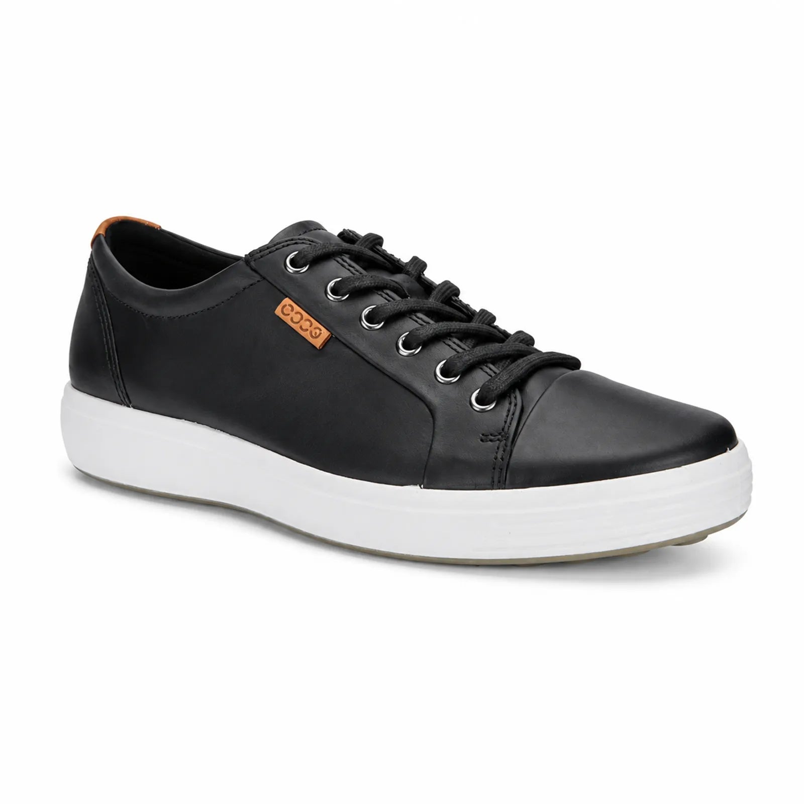 Black leather lace-up sneaker angled view with white sole and low-profile design