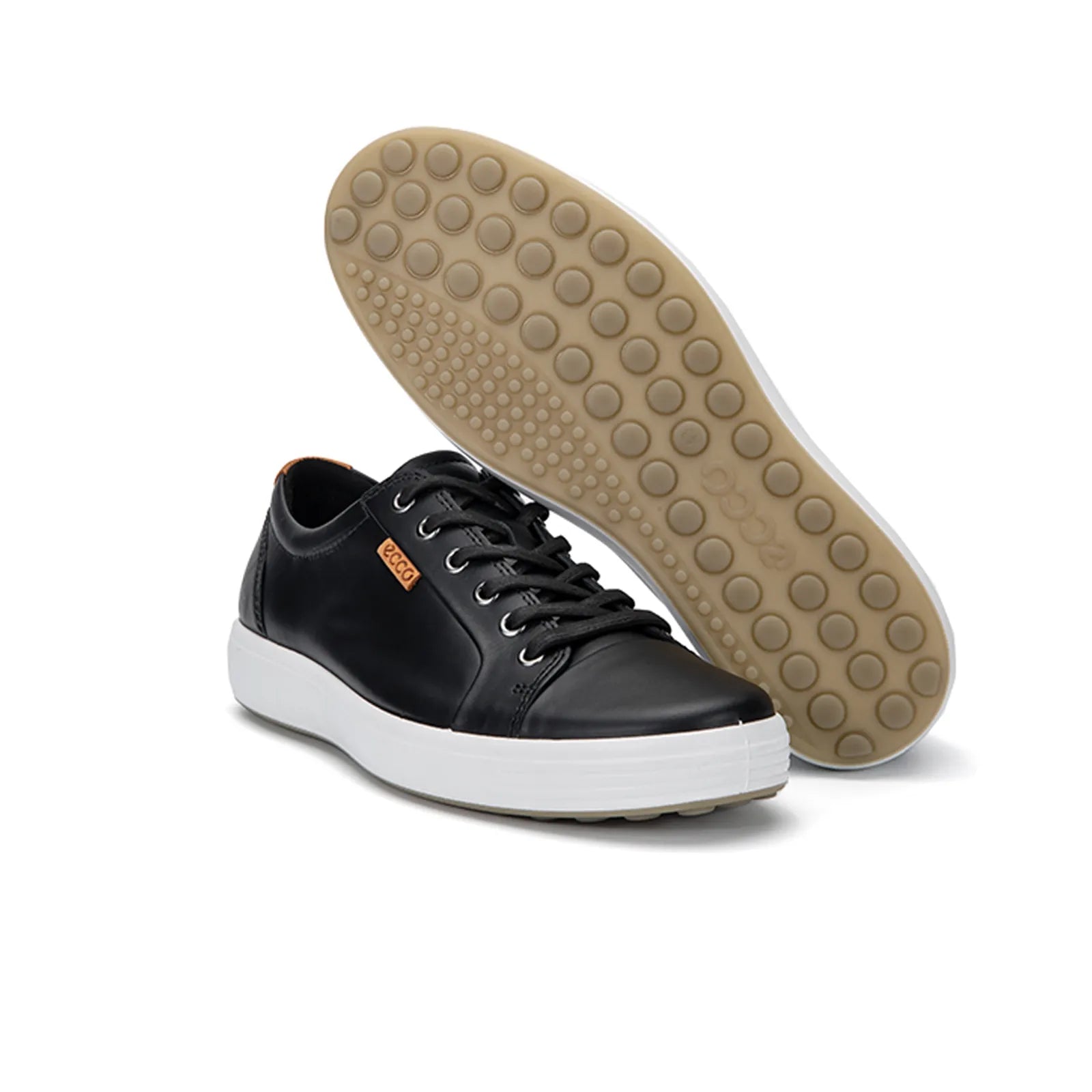 Men's black leather low-top sneakers with lace-up front and gum outsole