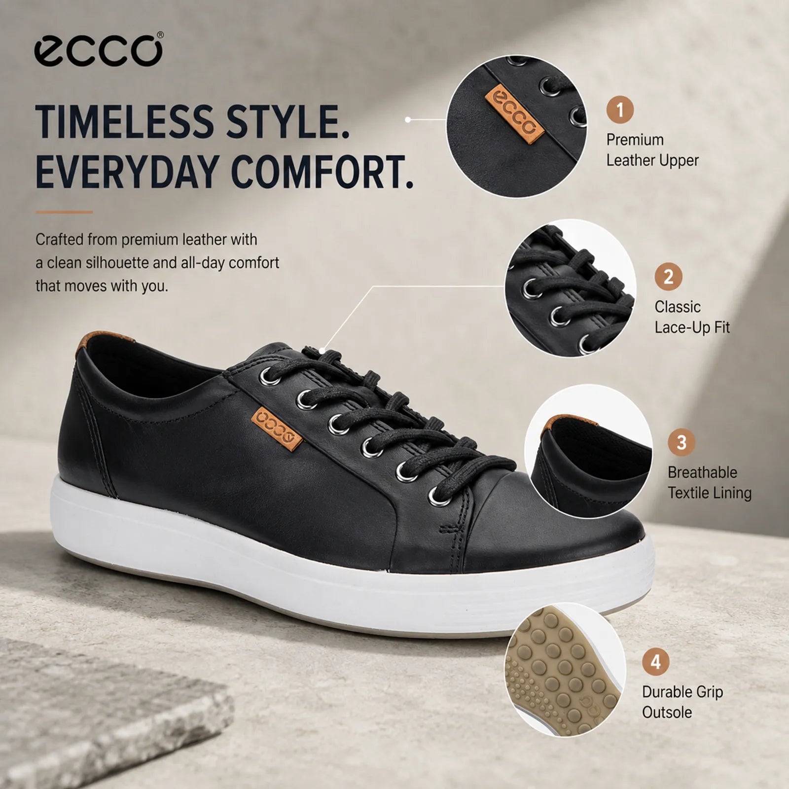 Men's black leather lace-up low-top sneakers with white midsole