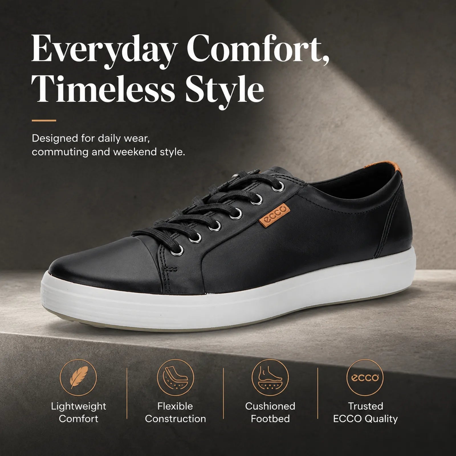 Men's black leather lace-up sneakers with low-profile white sole