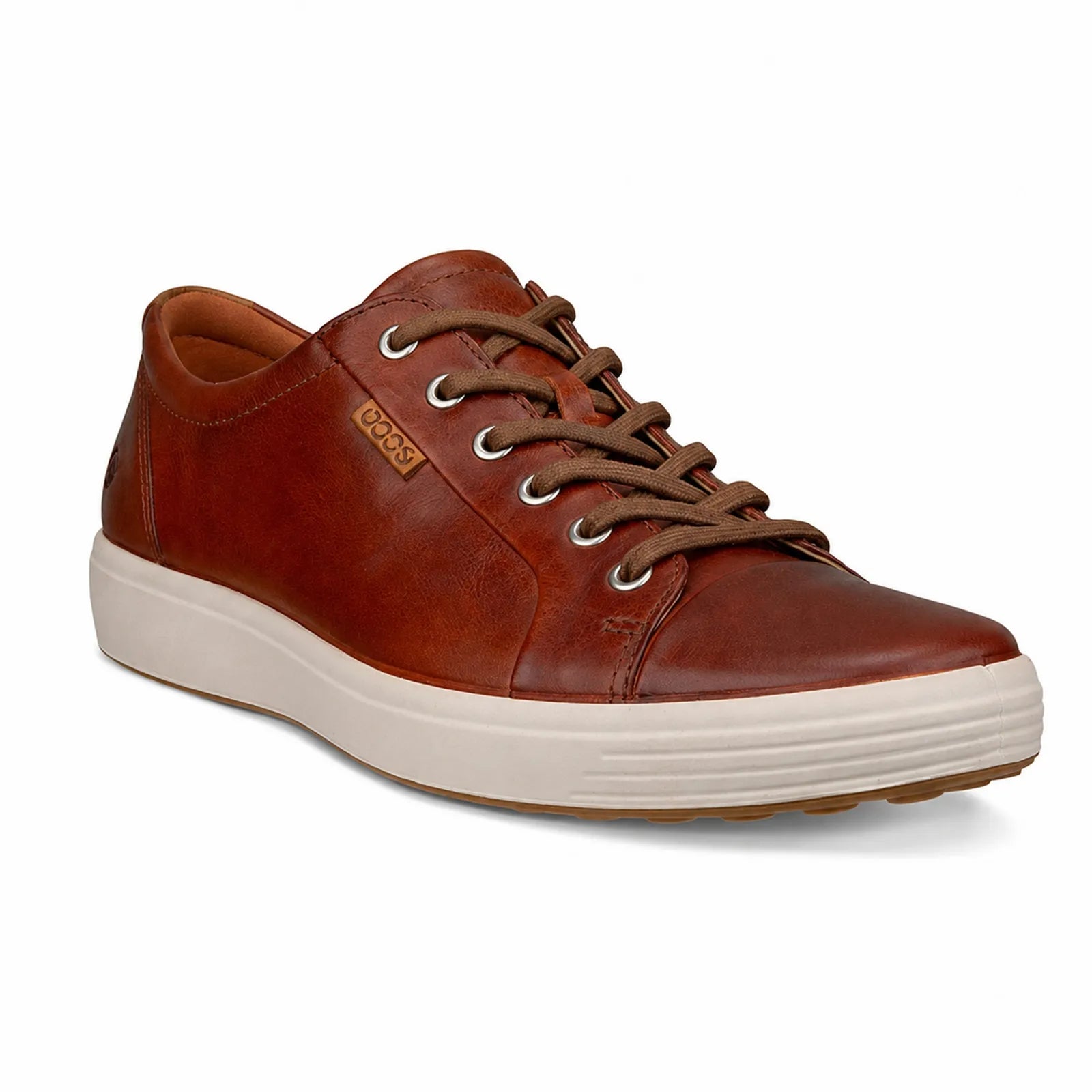 Brown leather lace-up sneaker angled view with white sole and low-profile design