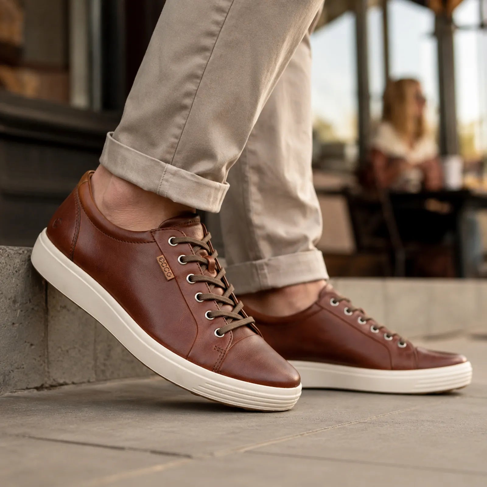 Men's brown leather lace-up sneakers with white sidewall sole