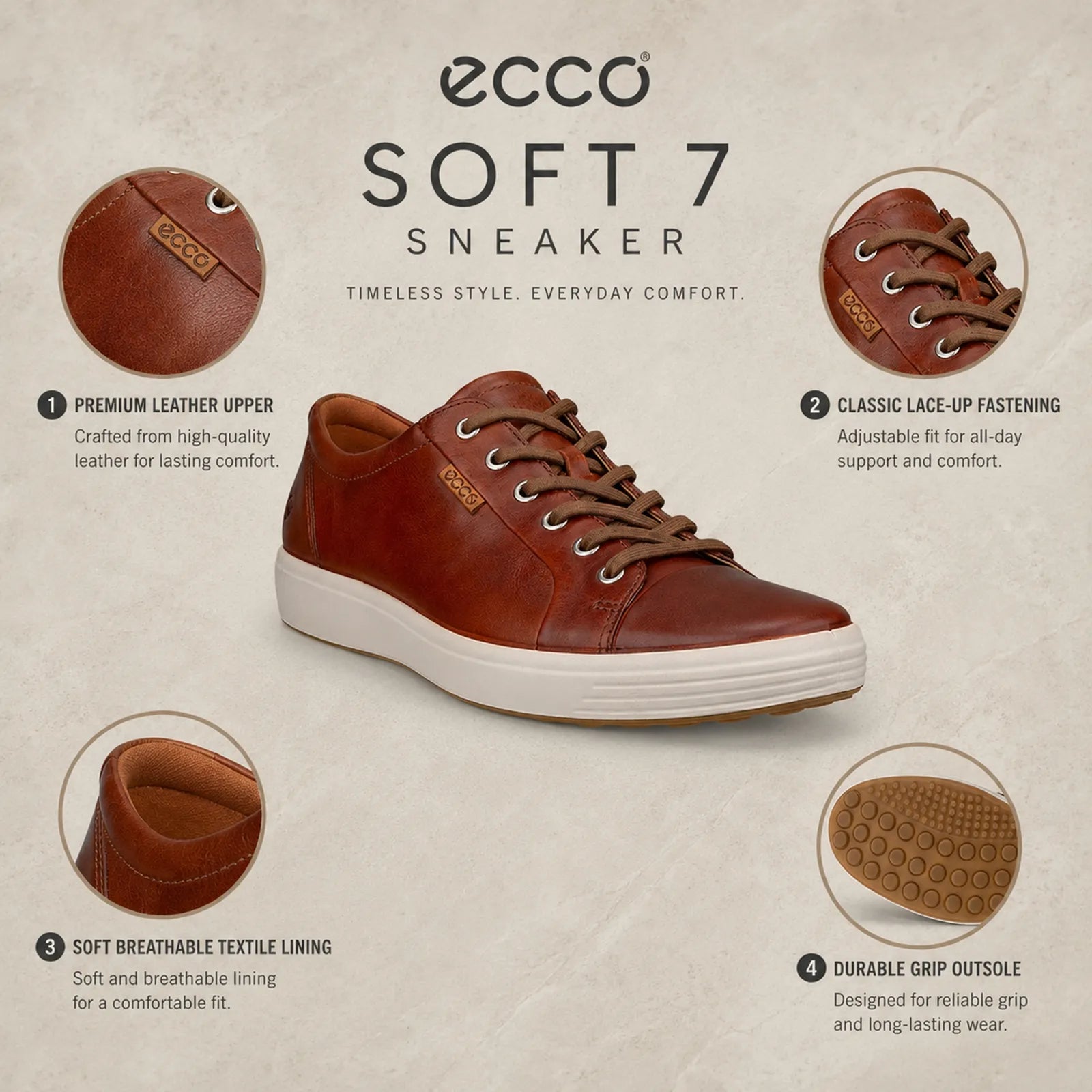 Men's brown leather lace-up sneakers with rubber outsole