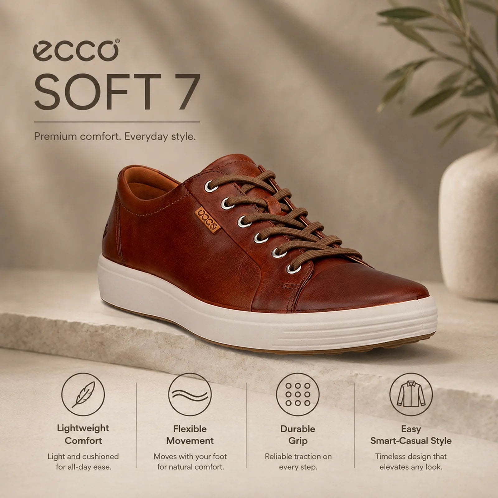 Men's brown leather lace-up sneakers with white midsole