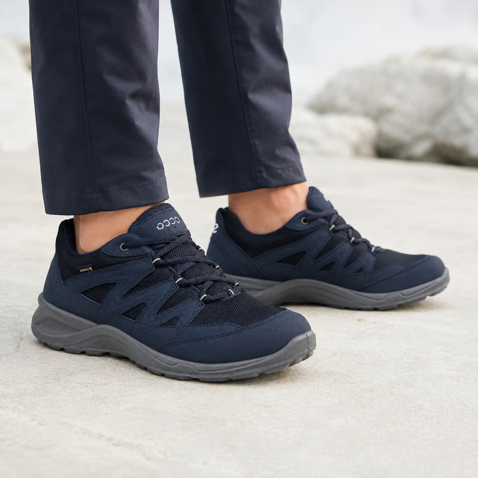 Men's navy ECCO Terracruise low sneakers worn, lace-up with cushioned footbed