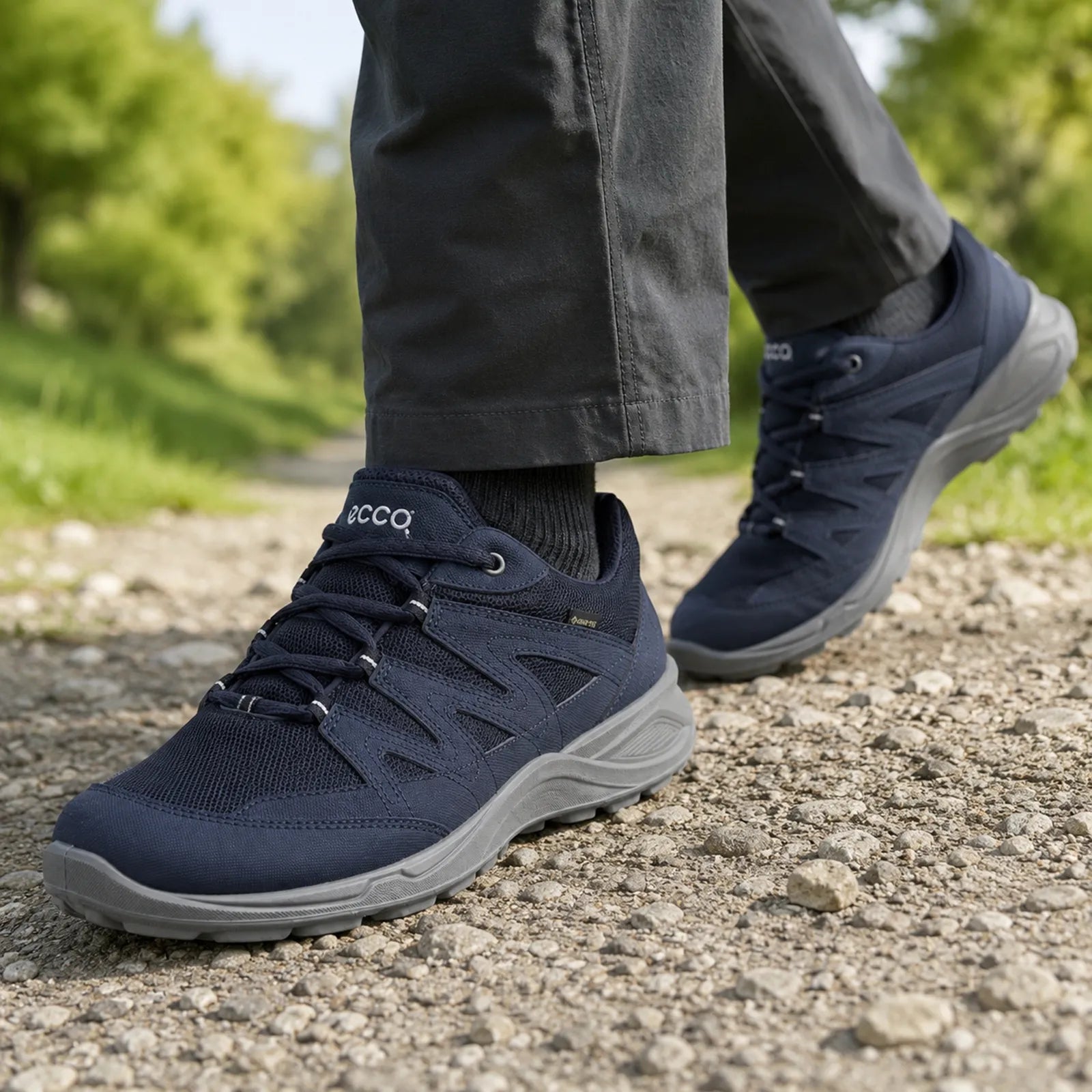 Men's navy ECCO Terracruise low sneakers worn, lace-up and grippy outsole