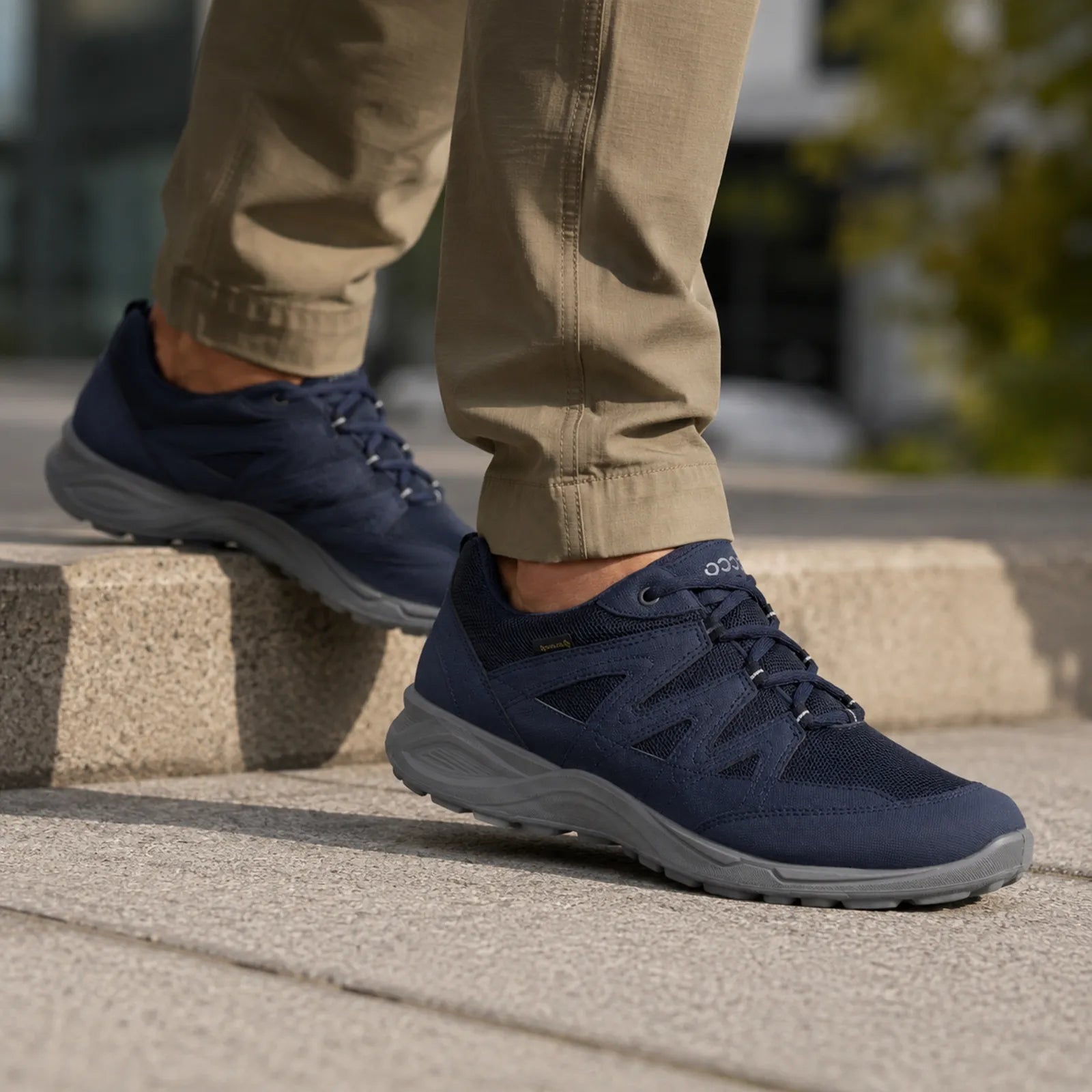 Men's navy ECCO Terracruise low sneakers worn, lace-up and thick traction sole
