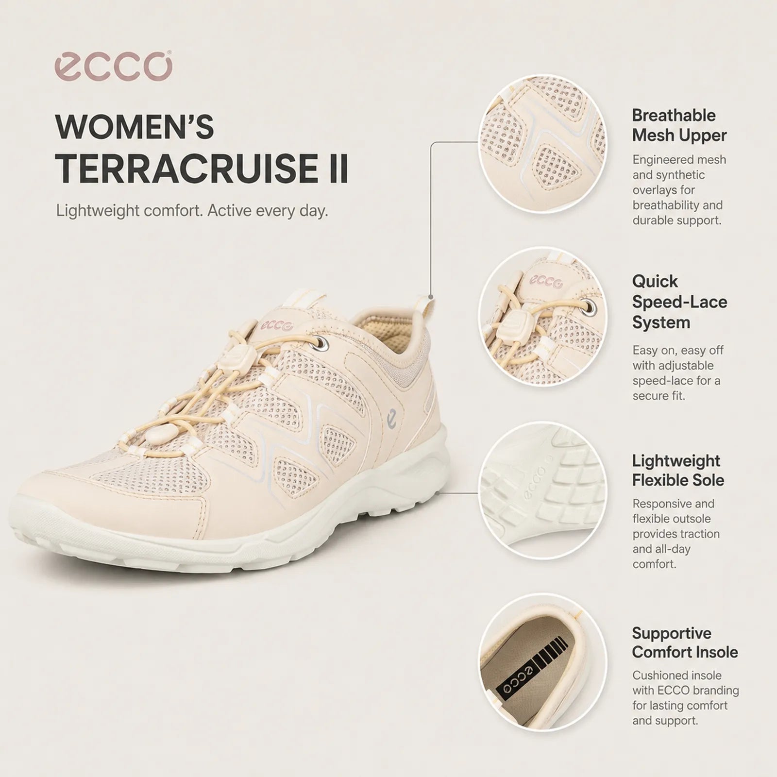 Women’s beige mesh lace-up sneakers with textured panels and white cushioned sole