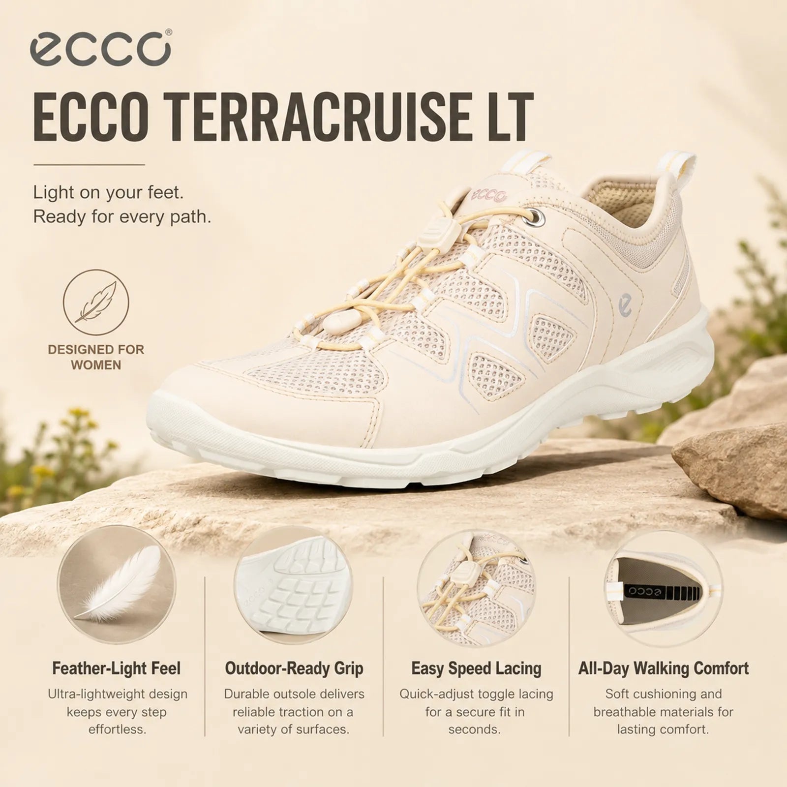 Women’s ECCO Terracruise LT beige mesh lace-up sneaker with white comfort sole