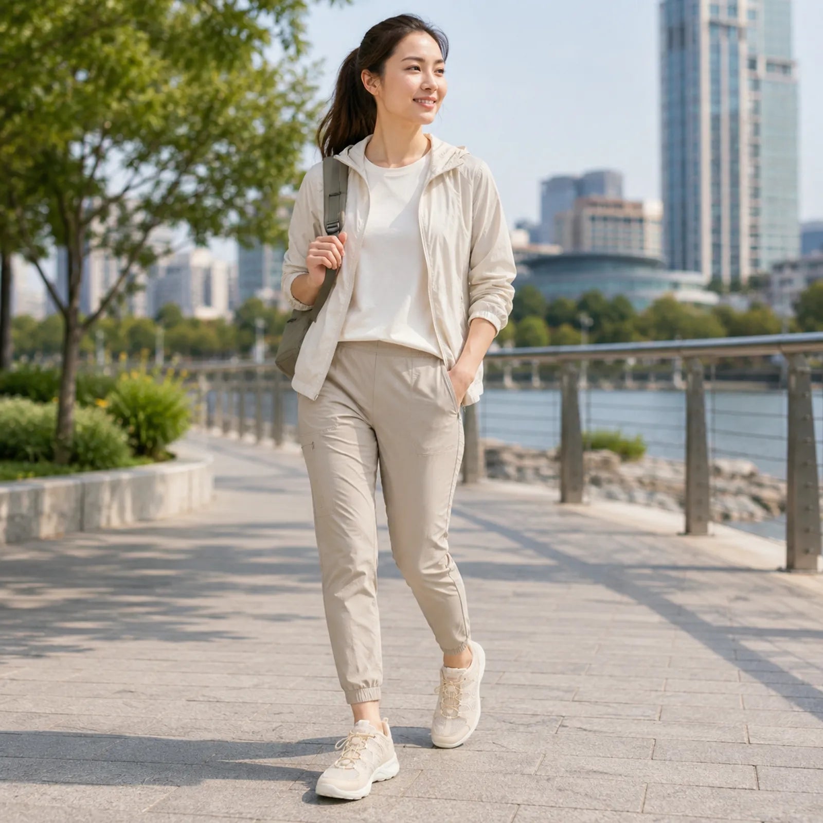 Women’s beige lace-up sneakers with white soles worn while walking outdoors