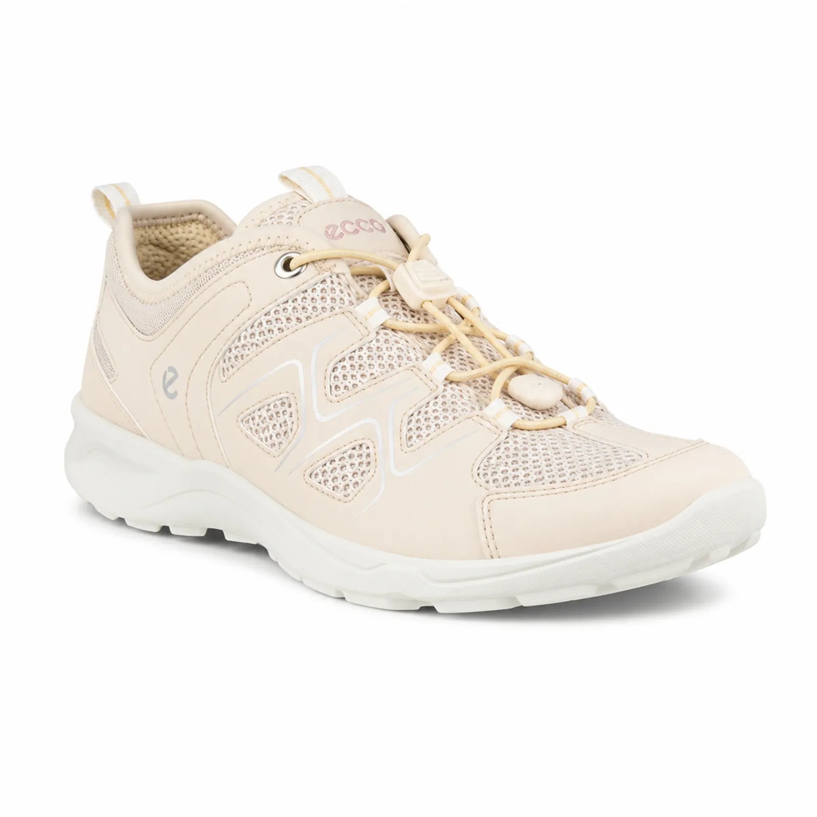 Women’s light beige lace-up sneaker with breathable mesh upper and white rugged sole
