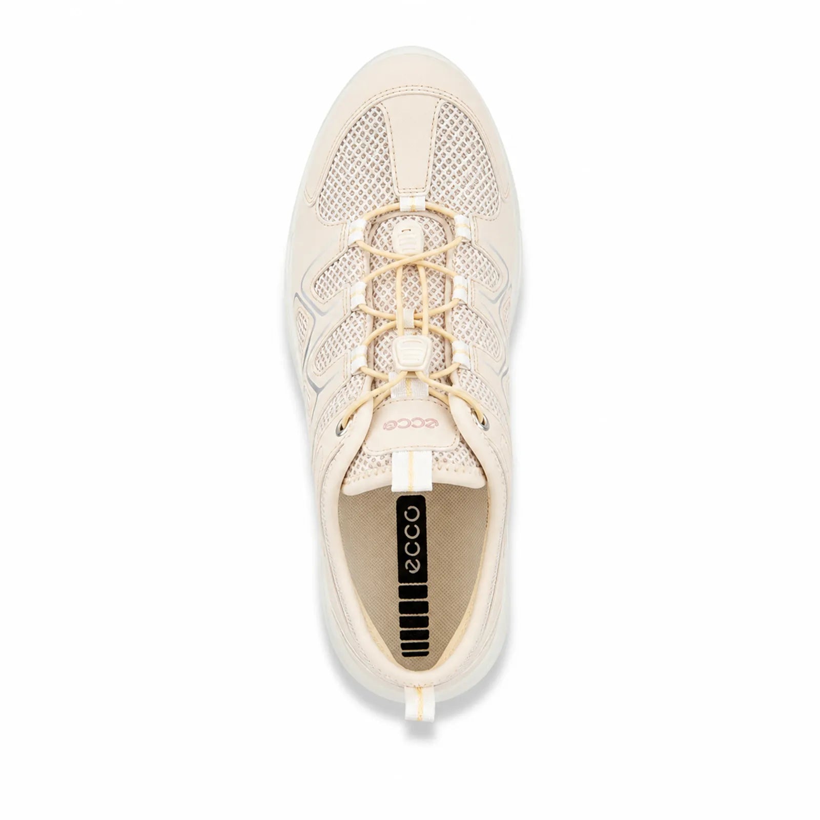 Women’s beige lace-up sneaker viewed from above, with breathable mesh toe and white sole