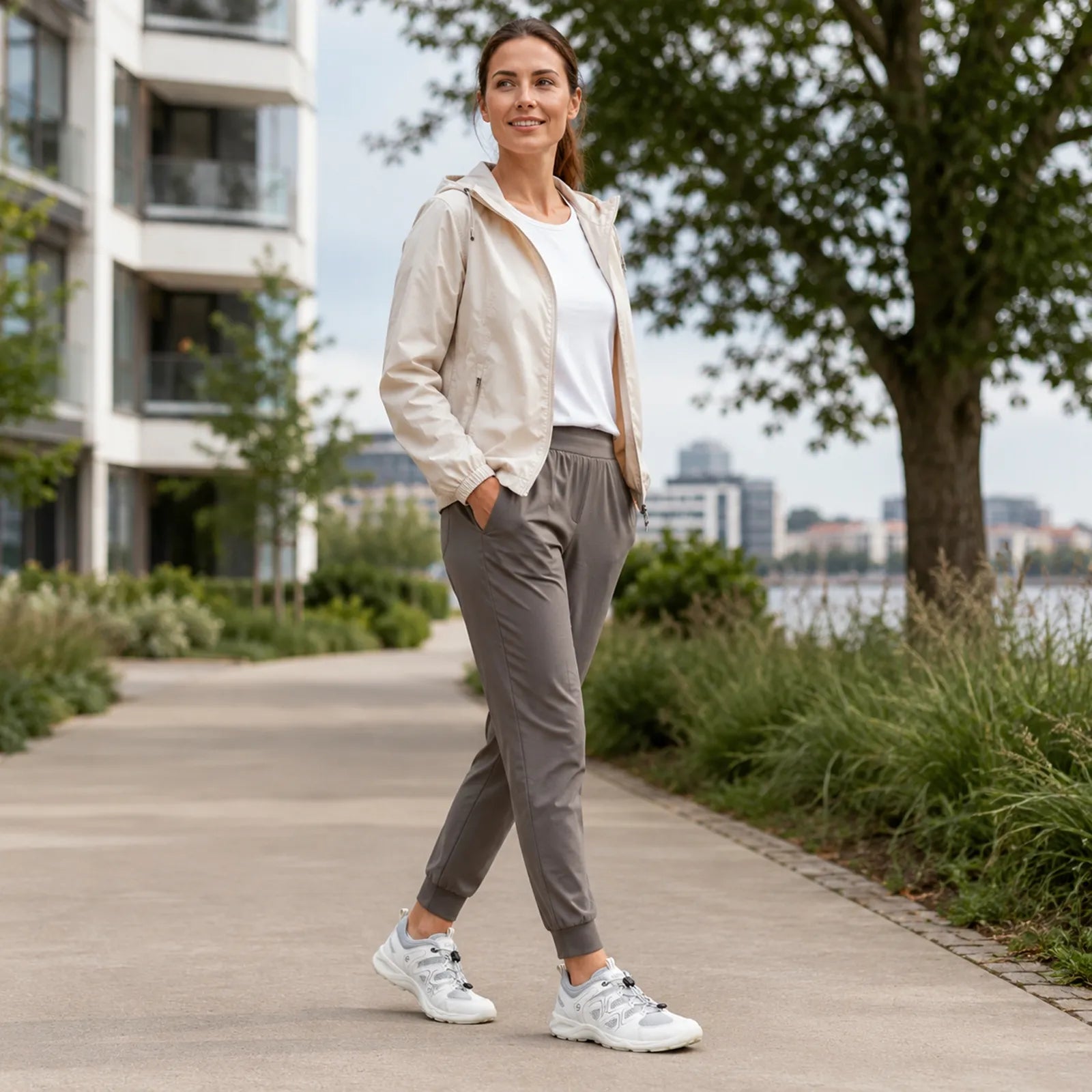 Women's white lace-up mesh sneakers with cushioned tread sole