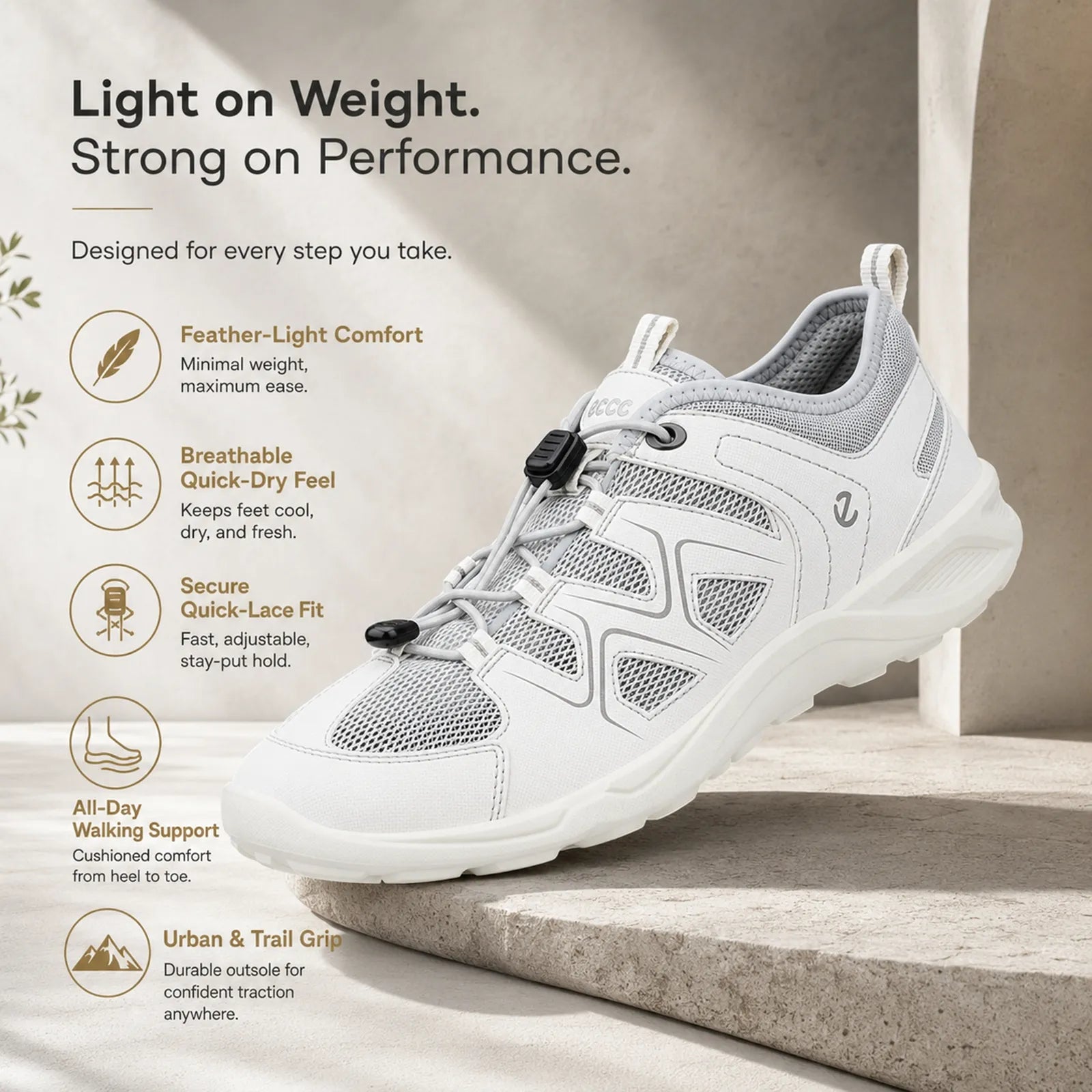 Women's white mesh lace-up sneakers with molded logo and cushioned midsole