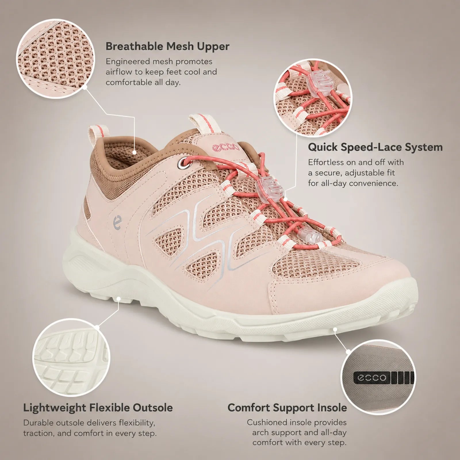 Women’s pale beige mesh lace-up sneakers with pink laces and cushioned white sole