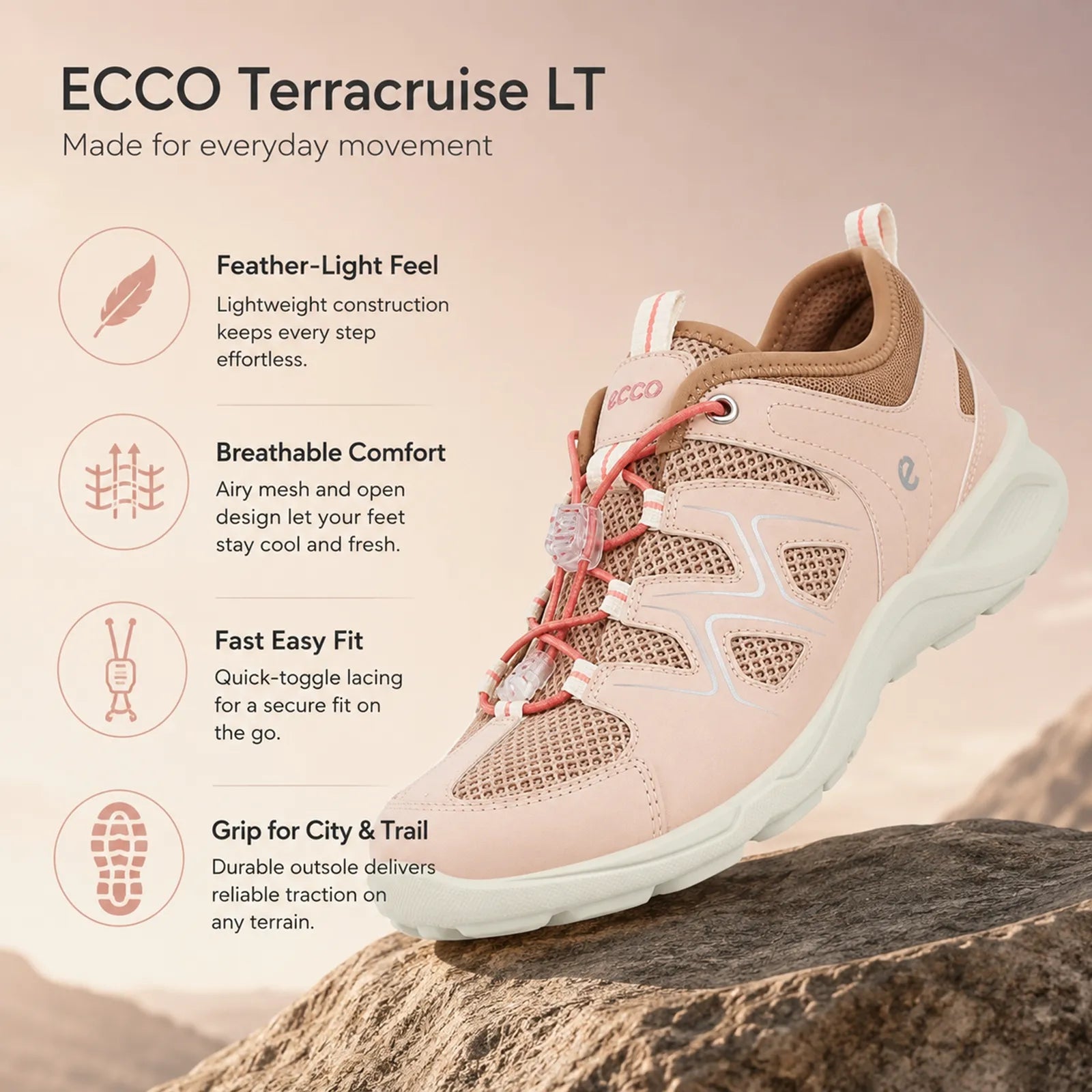 Women’s pale beige sneaker with pink lace-up system and white outsole for grip