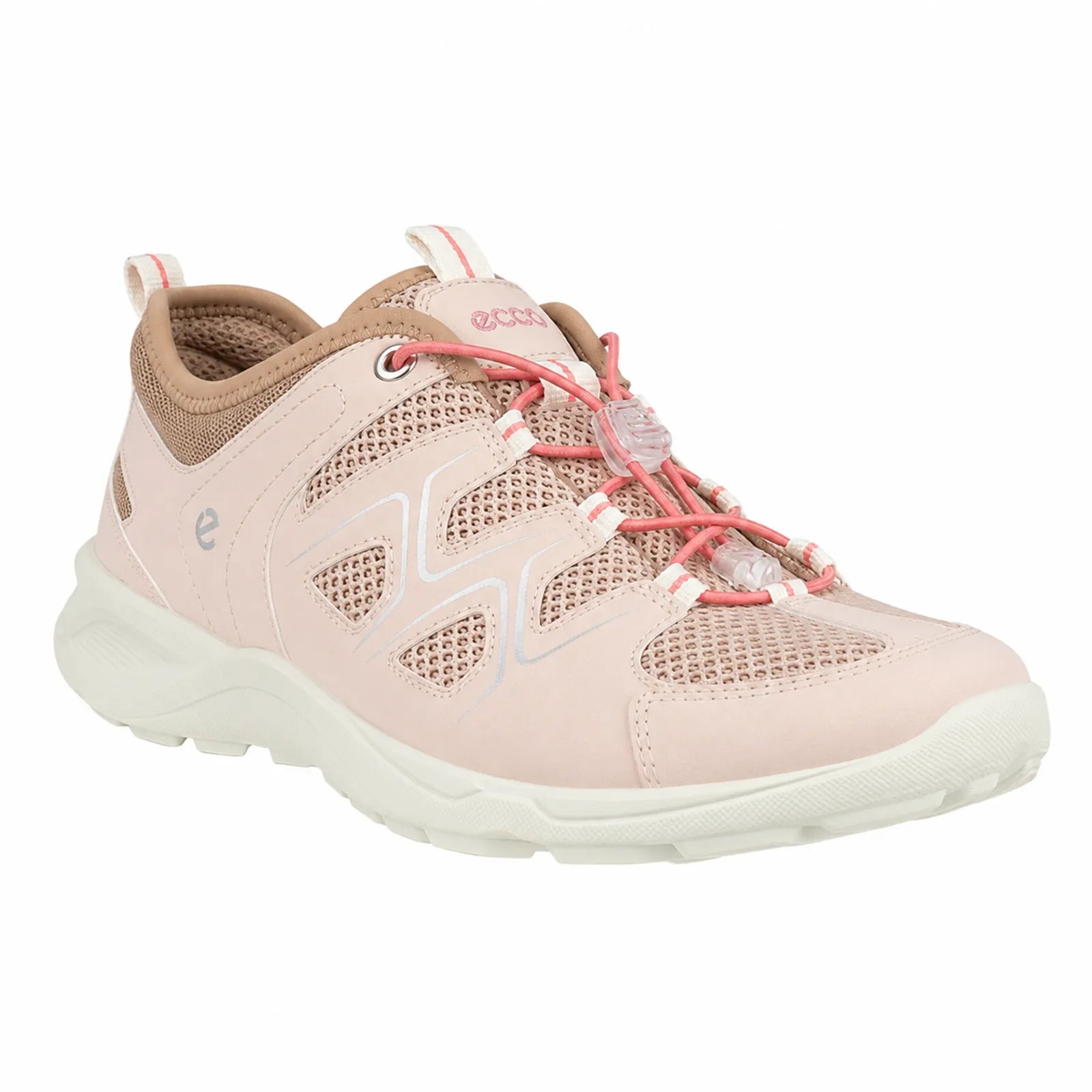 Women’s light beige mesh lace-up sneakers with pink laces and white rugged sole