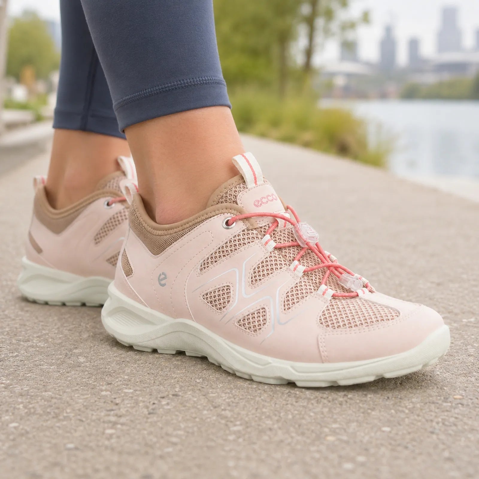 ECCO women's lace-up sneakers with mesh uppers, pink laces and beige sole