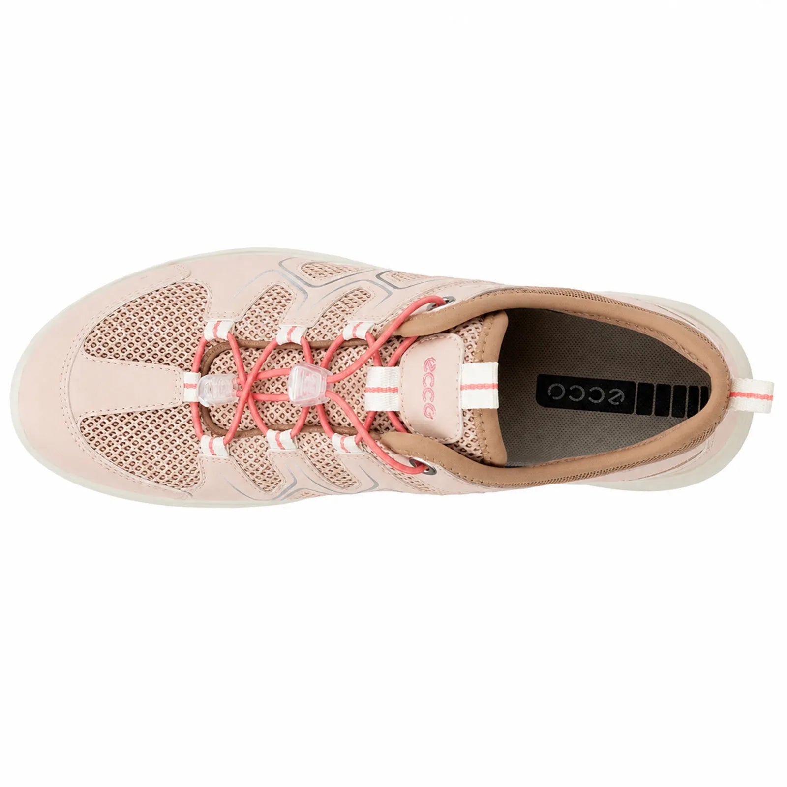ECCO women's lace-up sneakers, interior heel lining visible, pink laces and mesh