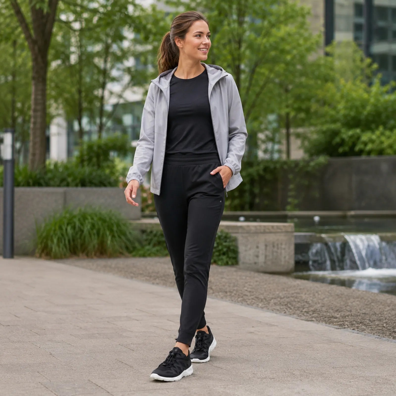 Women’s lightweight outdoor sneakers, black shoes with white sole on walking model